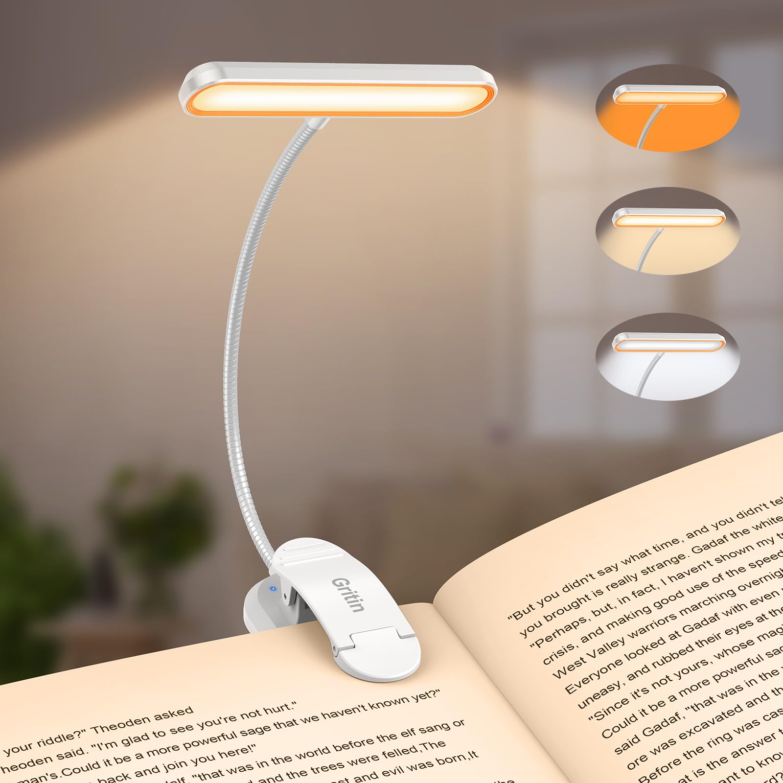 Gritin Rechargeable Book Light for Reading in Bed with 19 LED &Memory Function-Eye Caring 3 Color Temperatures,5 Brightness Levels,80Hrs Runtime Flexible Goose Neck Clip on Book Light-White