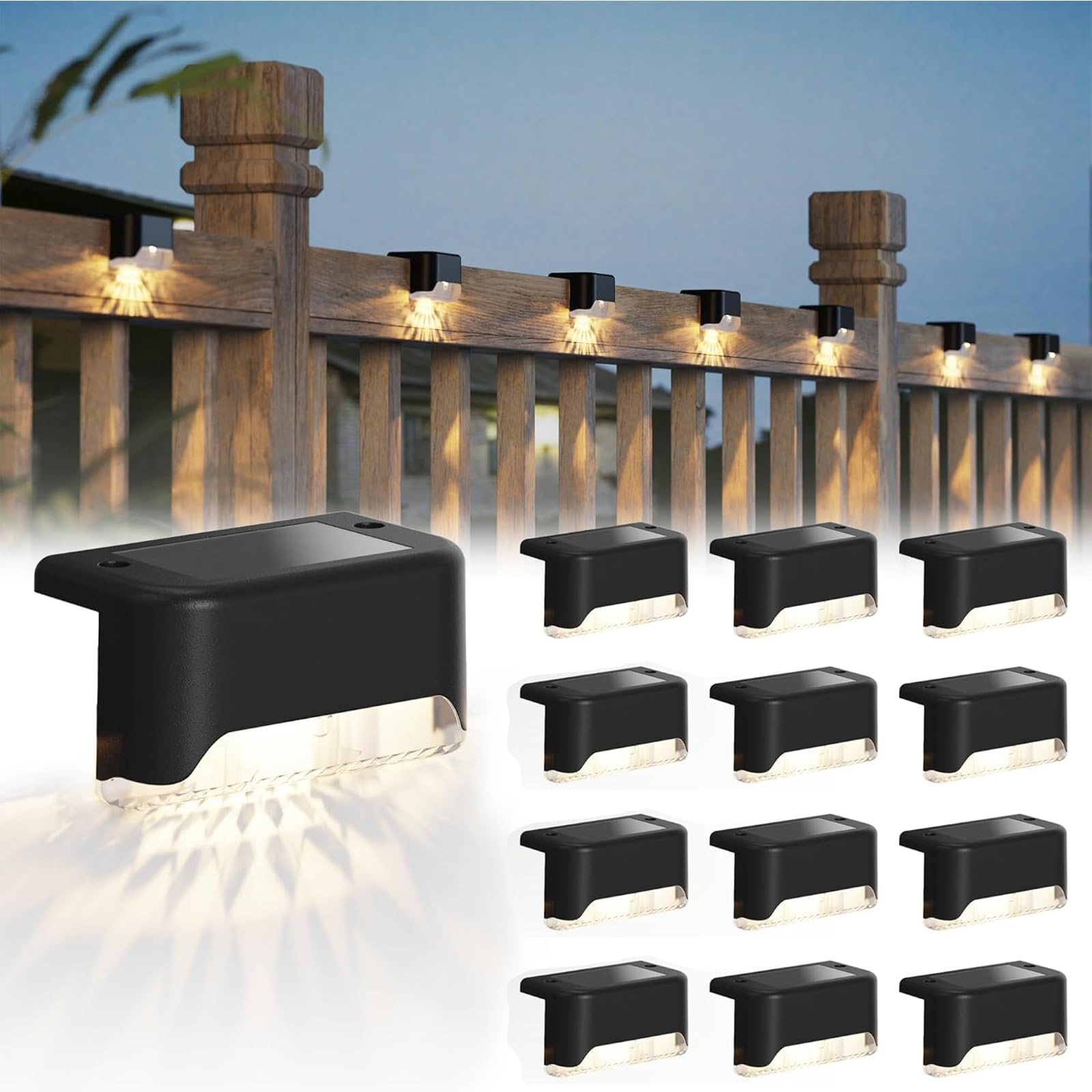 JACKYLED Solar Deck Lights, 12 Pack, IP65 Waterproof LED Outdoor Step Light, Black, Model JKSL04-S01P105AUS