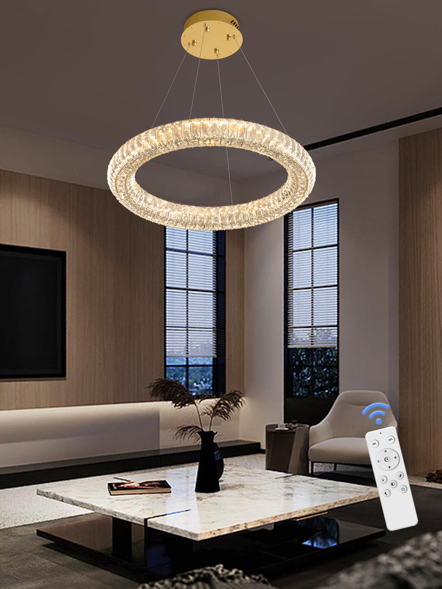 IDEQUY Modern Crystal Chandelier Pendant Light Dimmable LED 23.6in Round Gold CF8022-60J