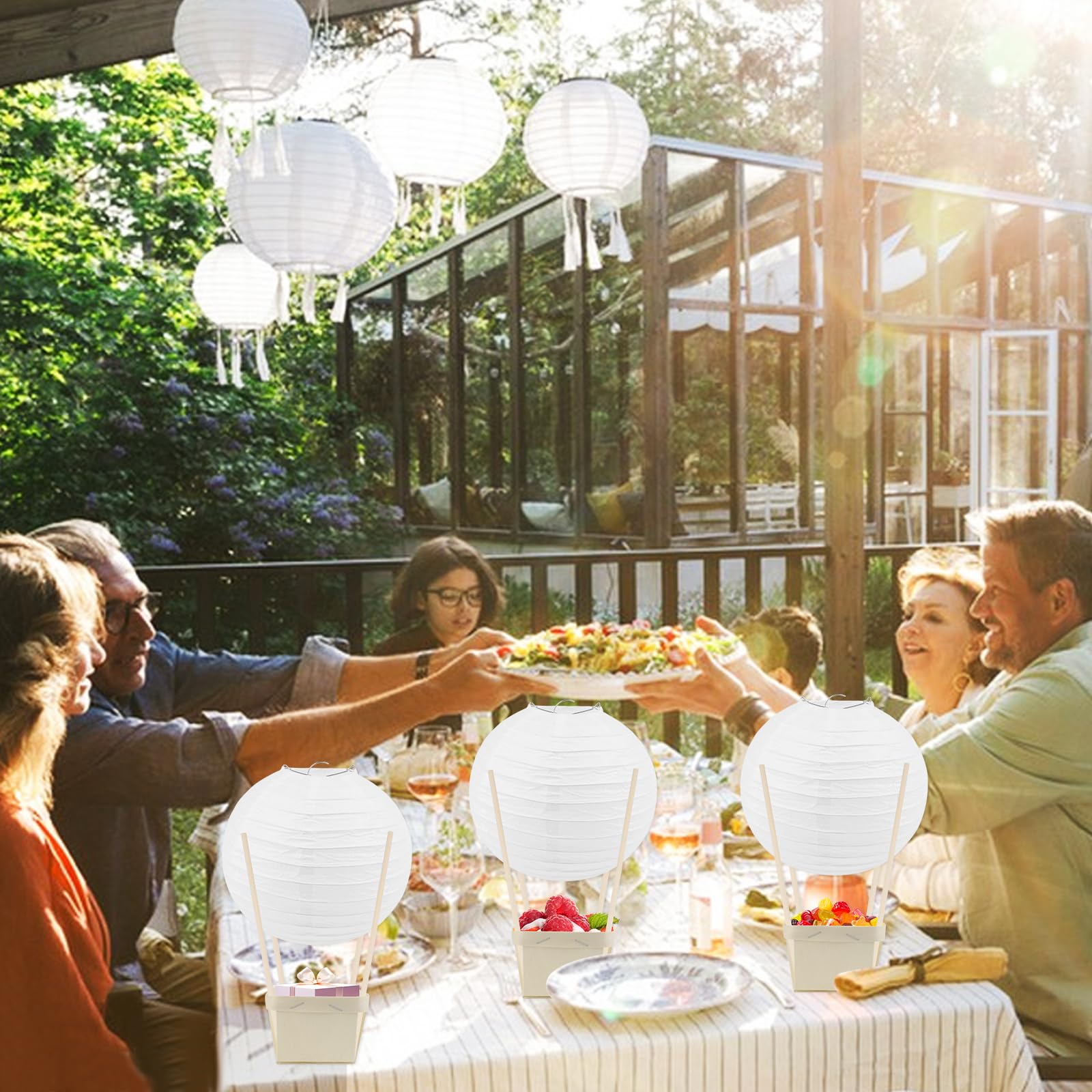 12Pcs Hot Air Balloon Paper Lanterns Table Centerpieces Decoration Diy Paper Lanterns Wooden Berry Boxes With Sticks For Birthda