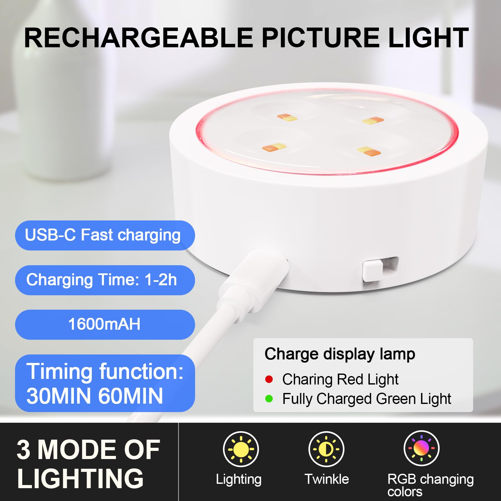 Narotood 3 Pack Picture Lights, 13 RGB Color, Battery Operated, Wireless Magnetic with Remote Control, White, Model 3BHD00012
