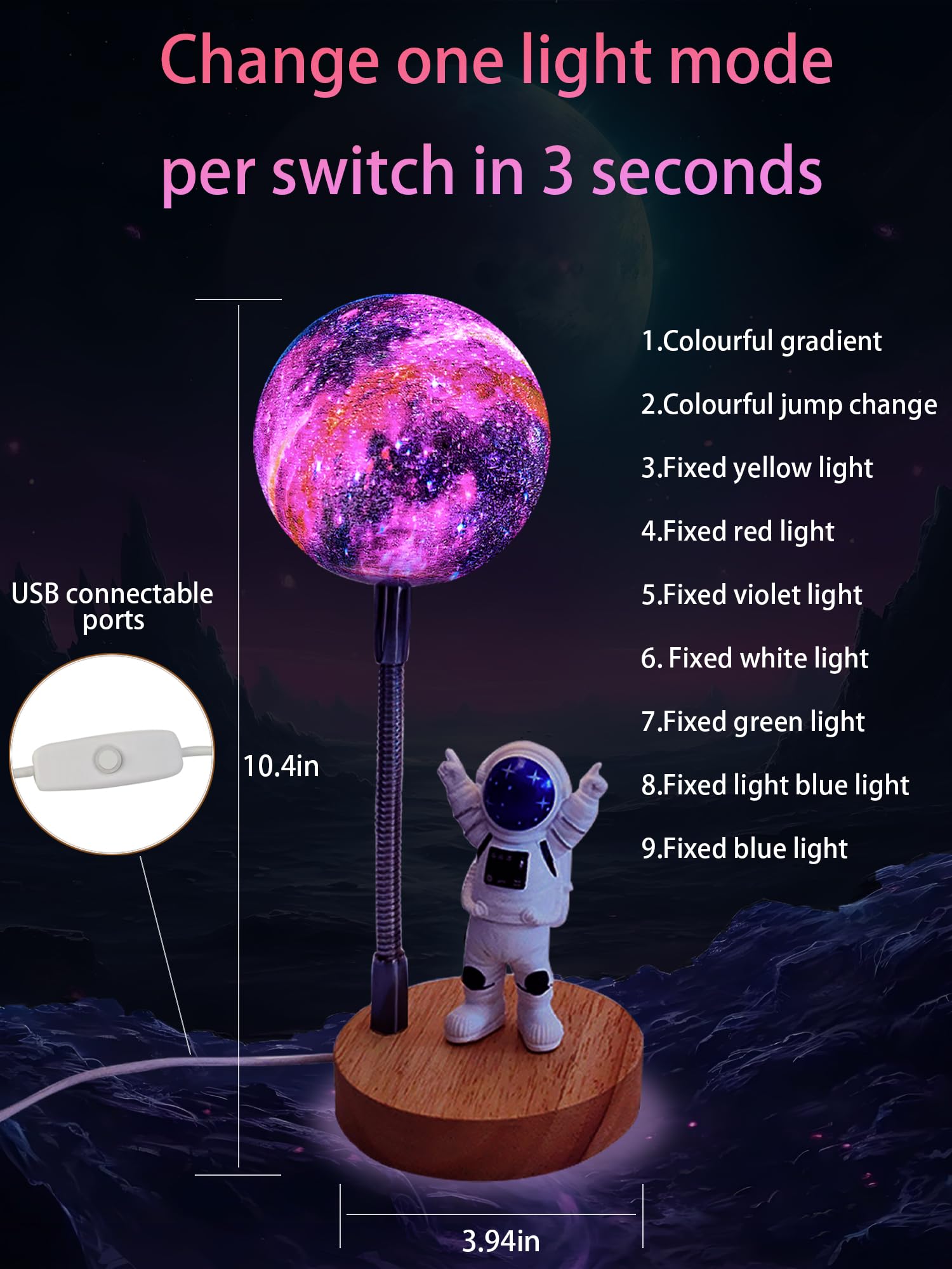 Wlhong Moon Lamp For Kids,Space Buddy Lights With 7 Color Astronaut Night Light,Usb Powered And Button Control 3D Moon Table Lamp,Perfect For Bedroom,Nursery And Space-Themed Parties (Galaxy)