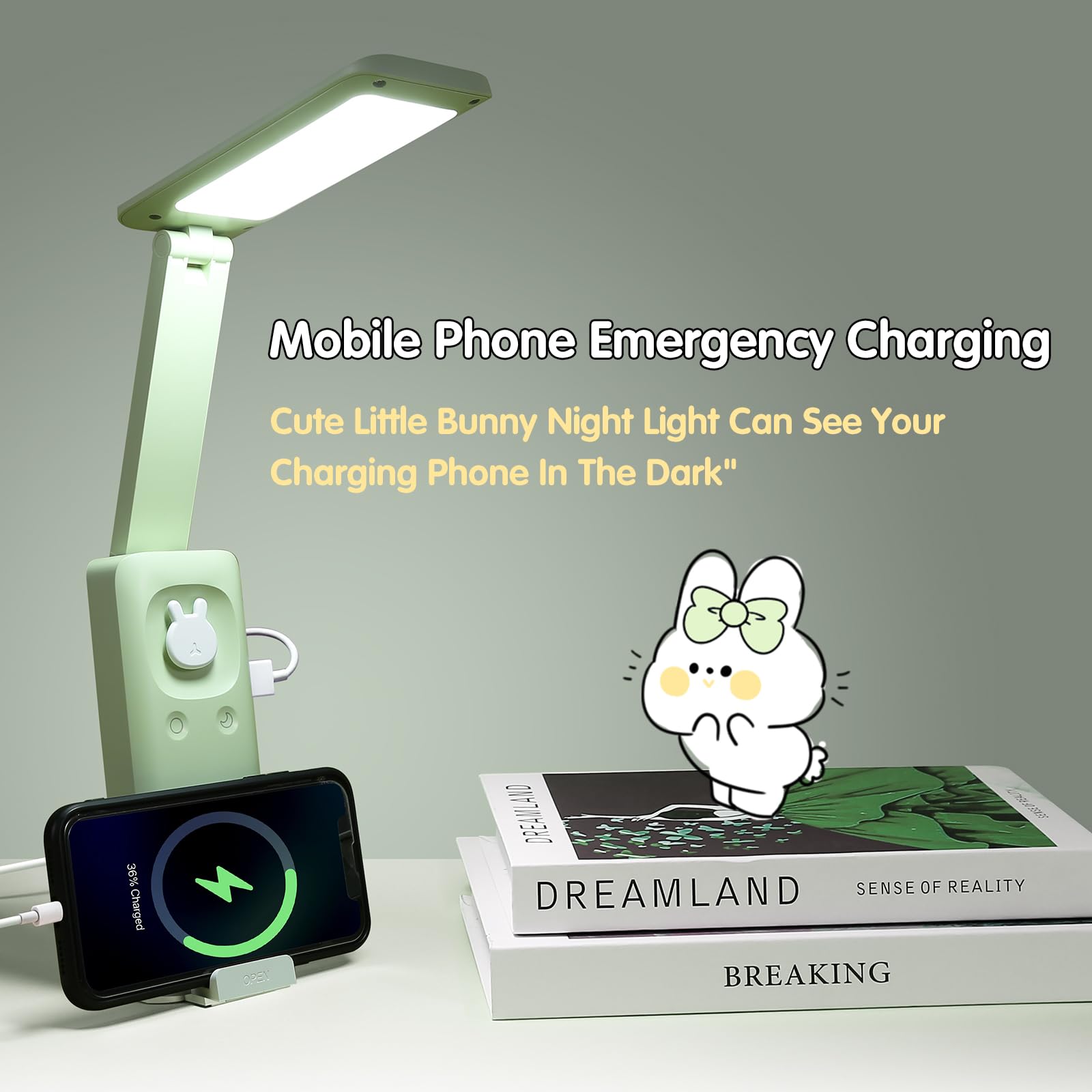 VAVOFO Cordless Desk Lamp - 6000mAh Battery, USB C Rechargeable, Foldable, 3 Color Temperatures, Green - Model KM-6779A