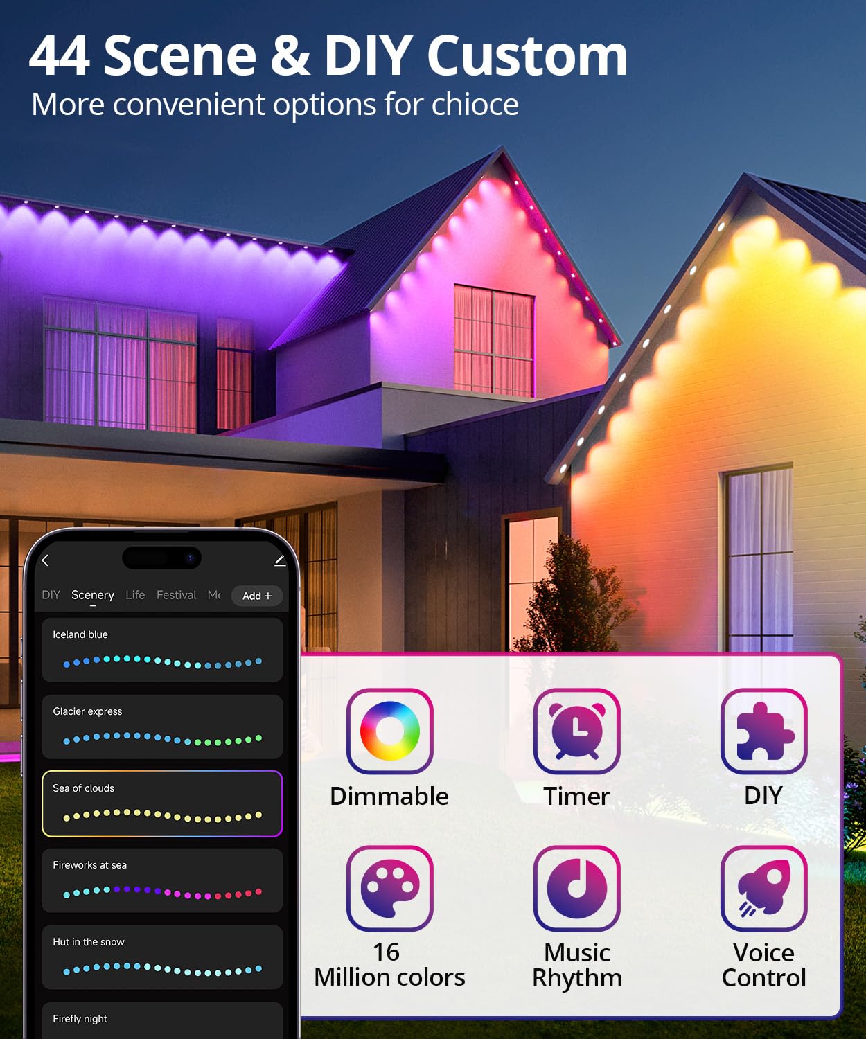 SMAVISTA Smart Outdoor Lights, 200ft 144 LED RGB String Lights, IP67 Waterproof, 44 Scene Modes, Remote/App Control, White