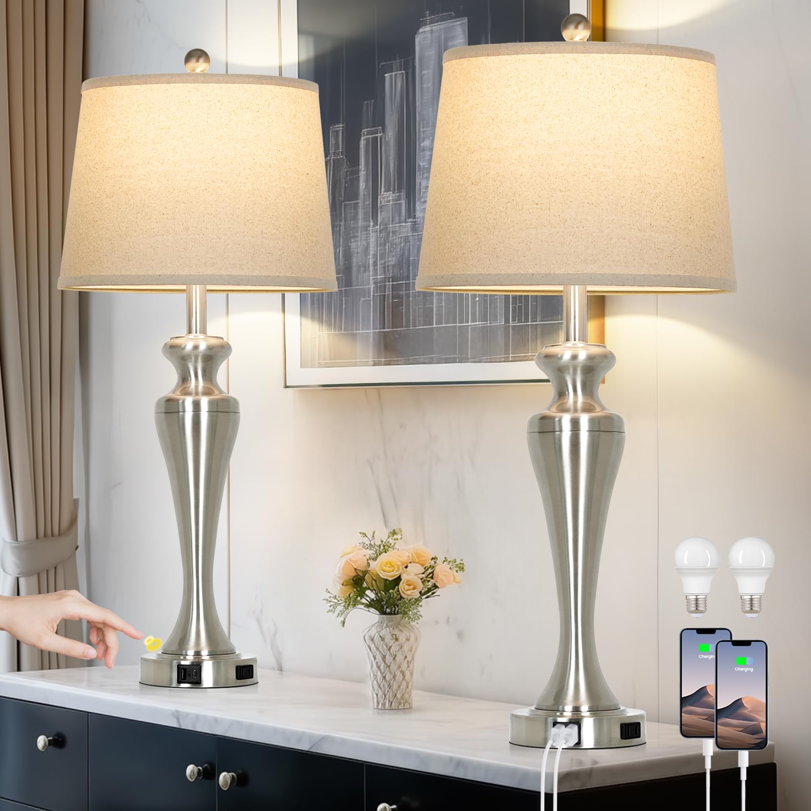 CINSARY Silver Table Lamps Set of 2  Touch Control Bedside Lamp with USB A+C Ports and AC Outlet  3-Way Dimmable Bedroom Lamps for Nightstand  Tall Brushed Nickel Living Room Lamp for End Table