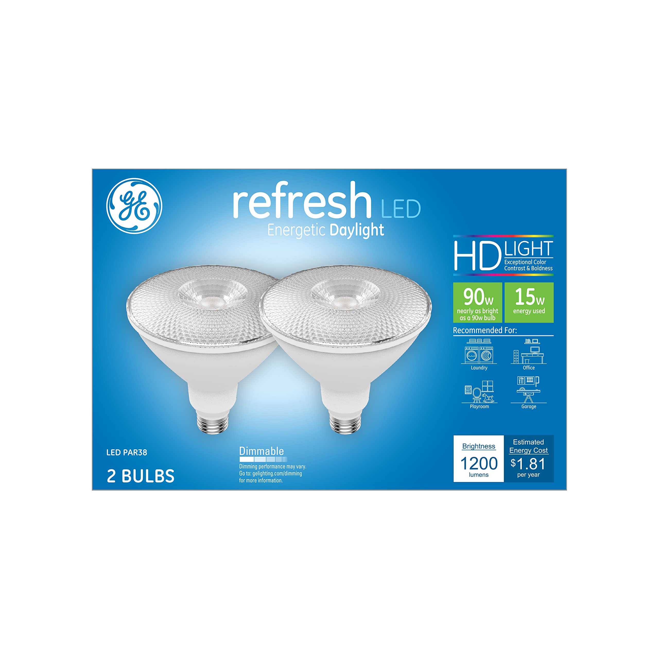 GE Lighting 45272 Refresh HD LED (90-Watt Replacement), 1200-Lumen PAR38 Bulb, Daylight, 2-Pack, Title 20 Compliant