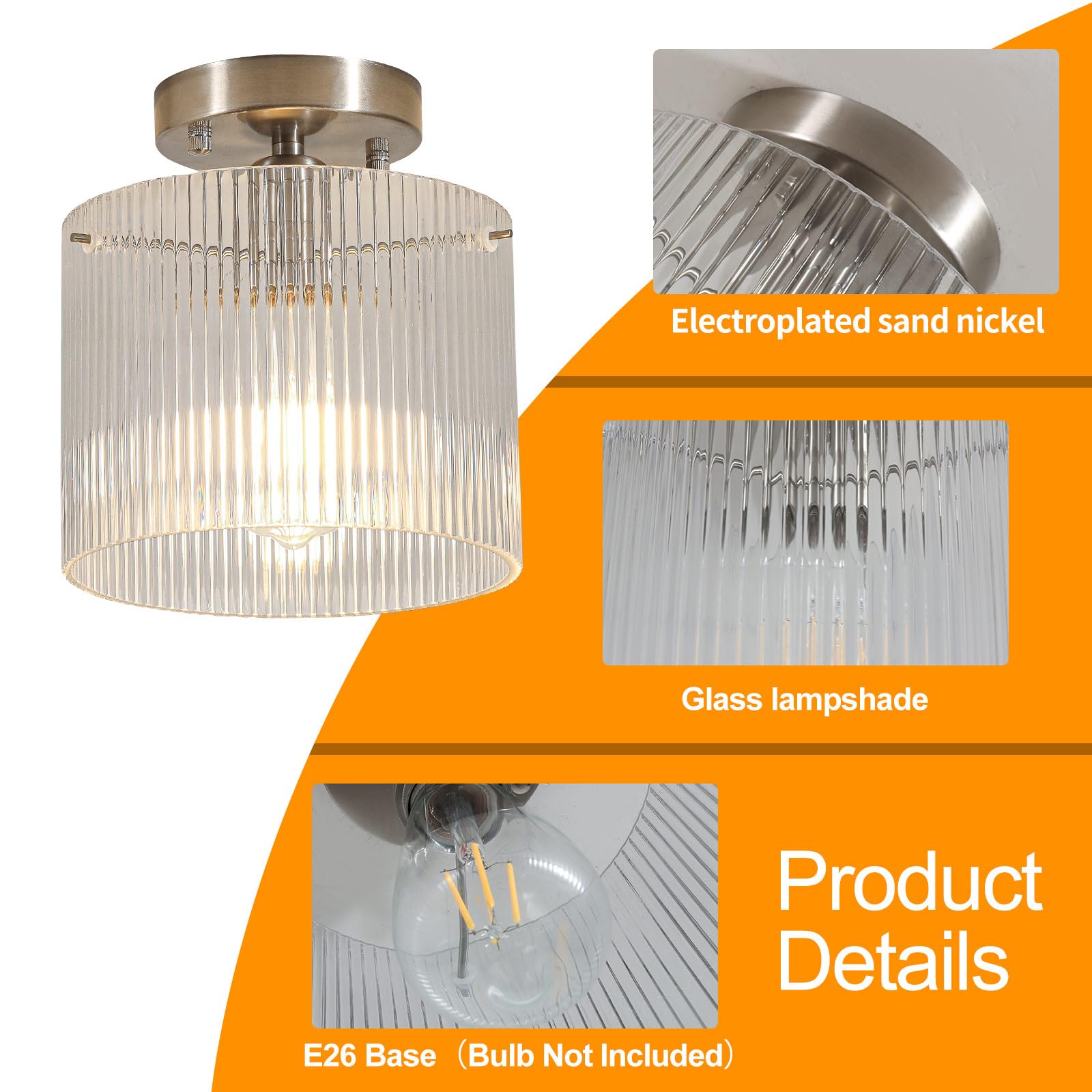 Wochos Modern Semi Flush Mount Ceiling Light, Industrial Clear Glass Ceiling Light Fixture, Crystal Ceiling Lamp, Modern Ceiling