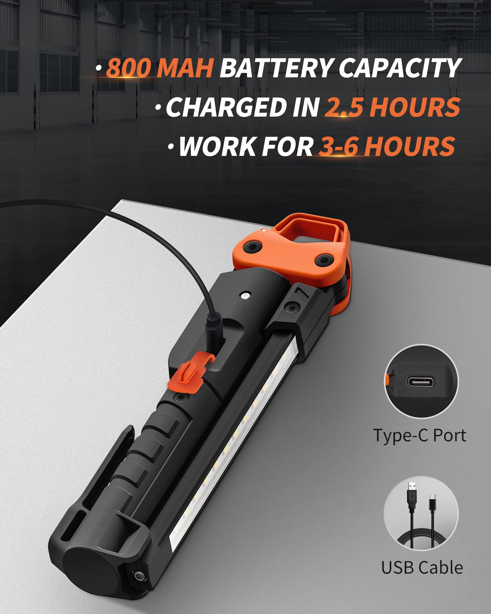 Anylight Rechargeable Work Light, 400Lm Mechanic Work Light, Magnetic Flashlight With 230° Rotate And Hook Led Work Light For Car Repairing, Emergency, Grill, Outdoor Work (1 Pack)