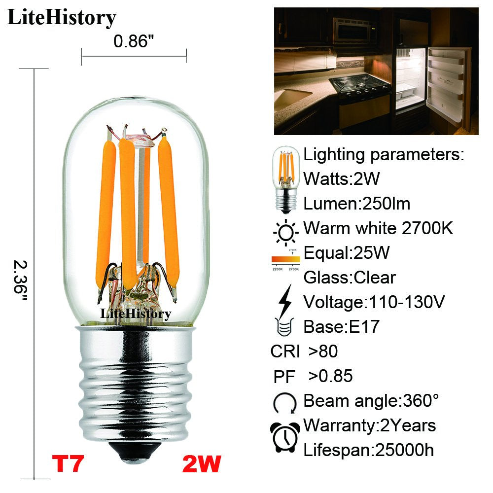 LiteHistory E17 LED Bulb 25W 250lm 2700K Microwave Light 2 Pack Glass
