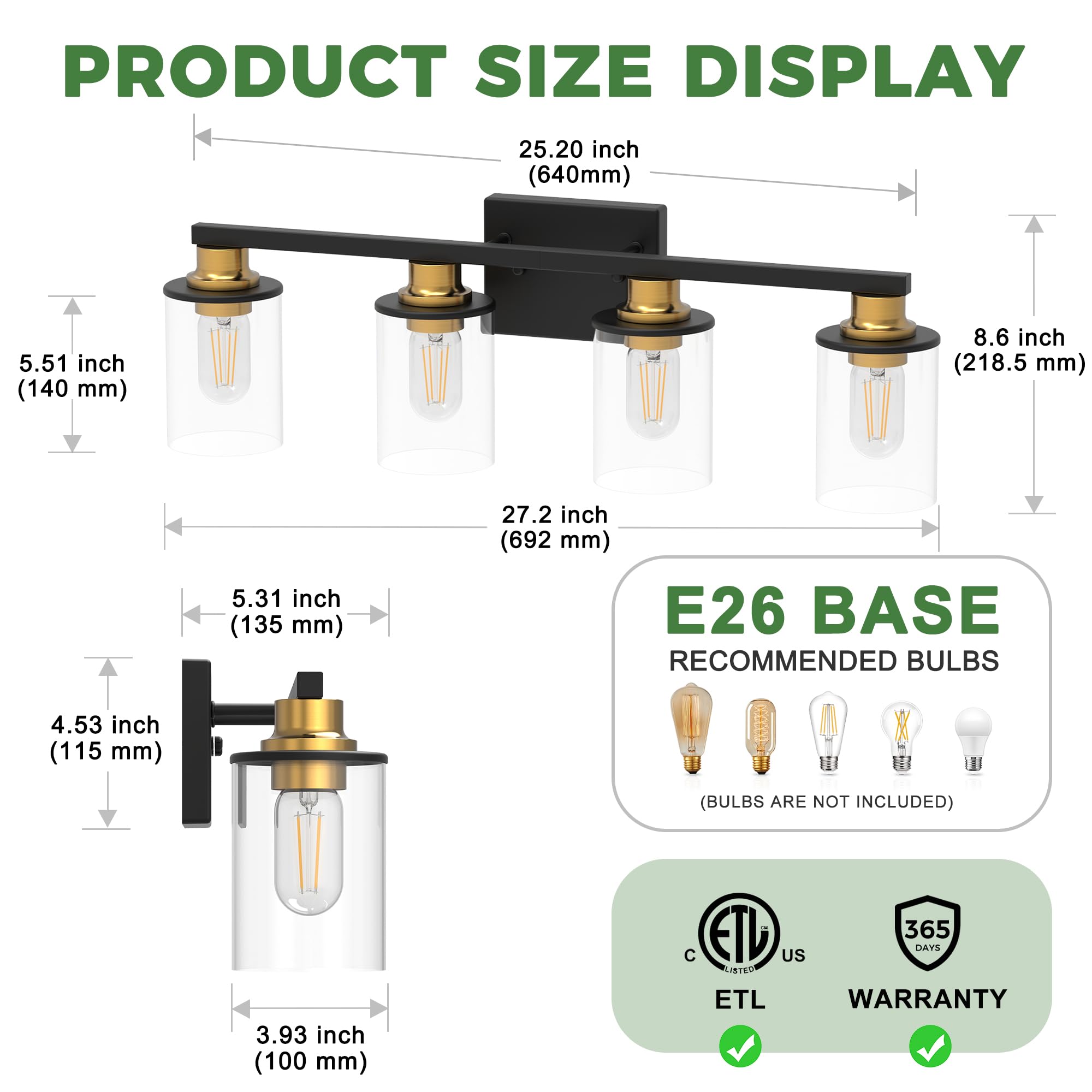 DORESshop Bathroom Vanity Light, 4-Light Black and Gold Fixture with Clear Glass Shade, Ideal for Bathroom, Hallway, Living Room