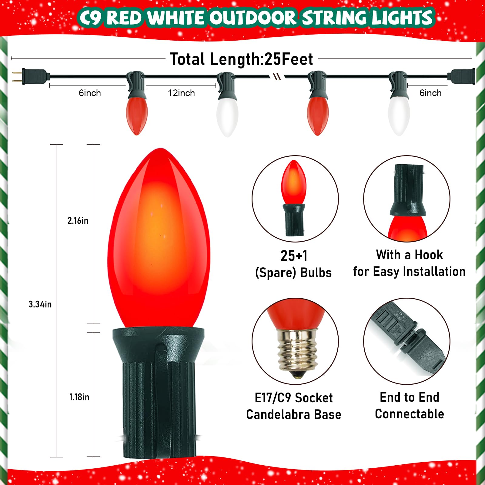 Doratale Christmas String Lights, 25FT C9 Bulbs, Vintage Red/White, UL Certified, Outdoor Decor