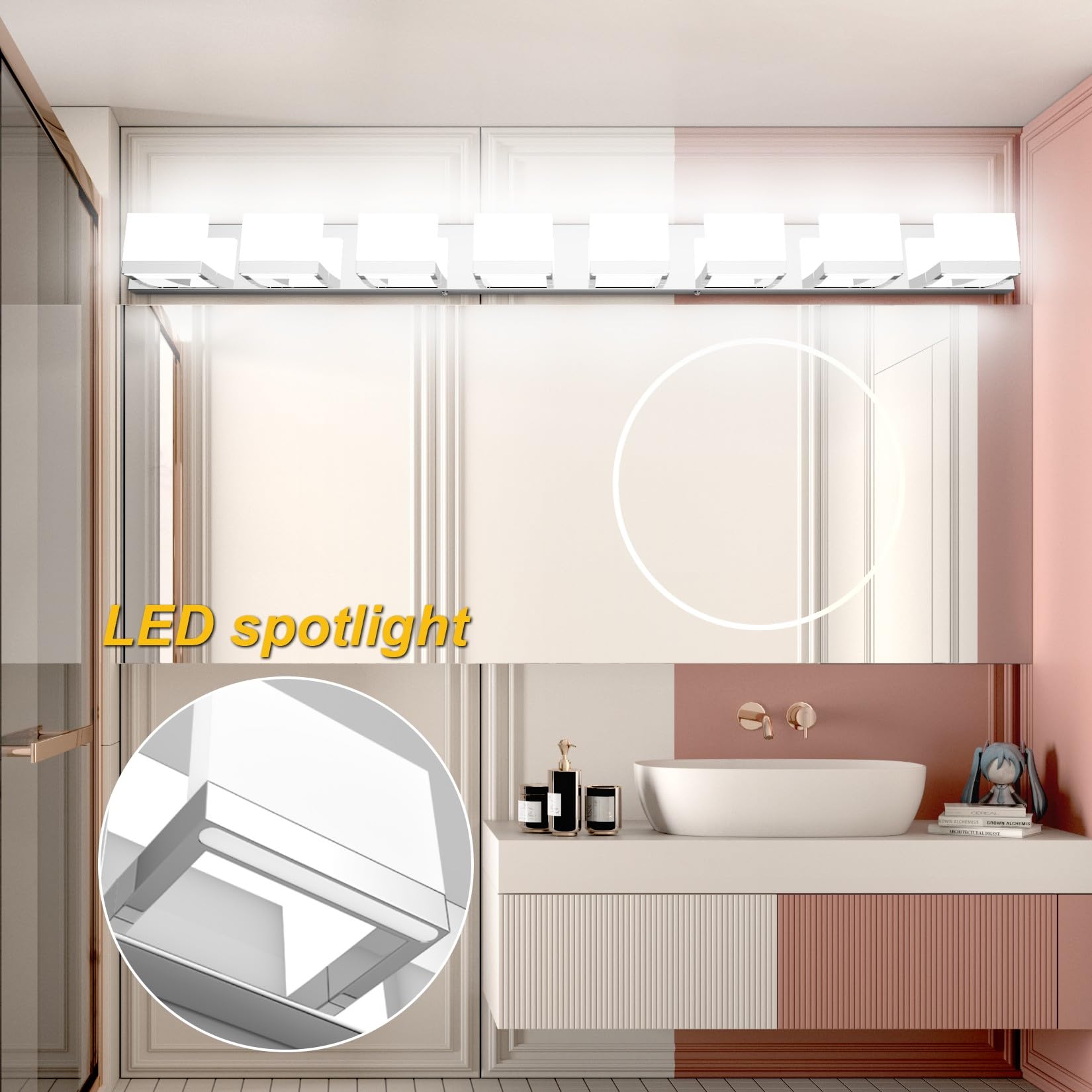 Tipace Modern LED Chrome Vanity Light, 8 Lights, Stainless Steel, Up and Down, 6000K, Model GW-1103
