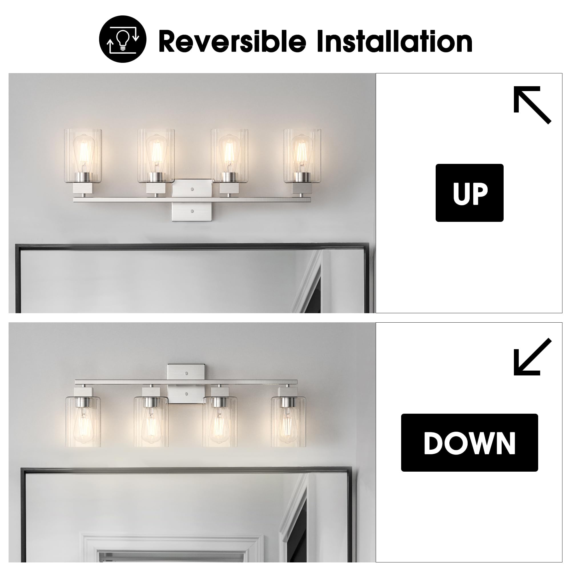 Espird Brushed Nickel Bathroom Vanity Light, Square Design & Ul Certification, 4 Lights Bathroom Lighting Fixtures Over Mirror,