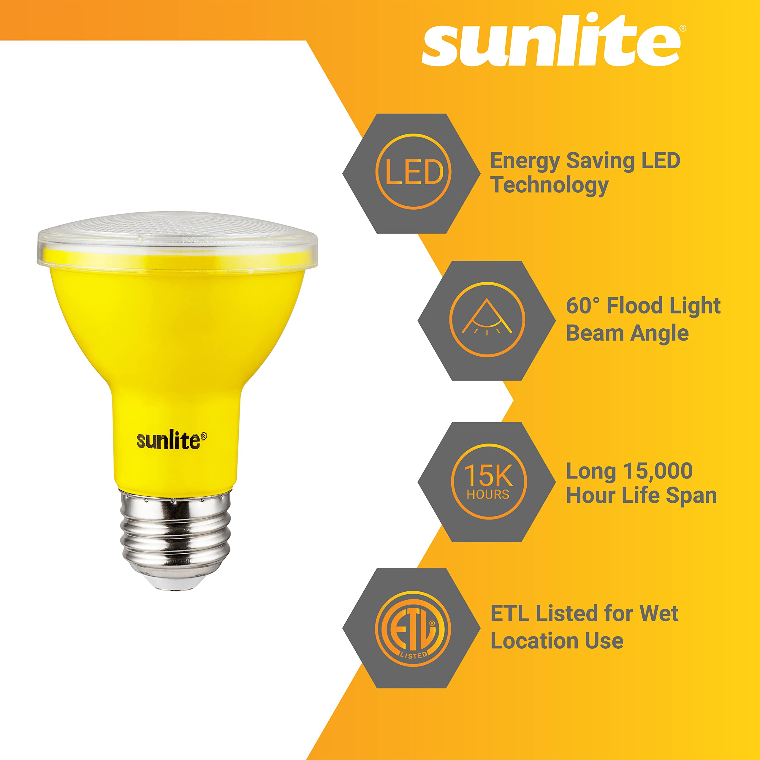 Sunlite LED PAR20 Floodlight Bulb, 3W (50W Equivalent), Yellow, Medium E26 Base, ETL Listed, 1 Count