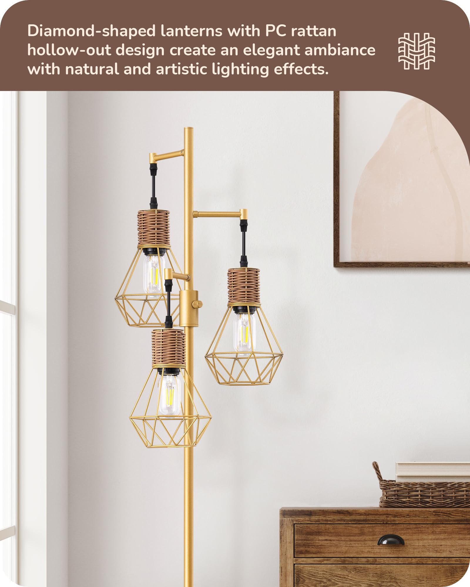 EDISHINE Dimmable Industrial Floor Lamp, Gold Farmhouse Design with 3 LED Edison Bulbs, Rustic Rattan Reading Light for Living Room & Office
