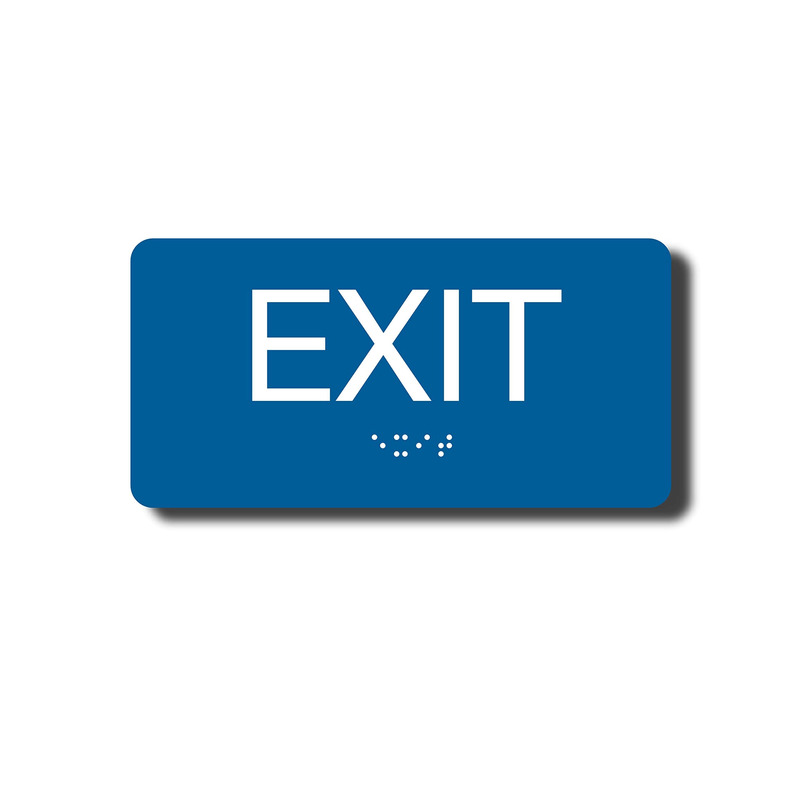 Nap Tags - Ada Compliant Exit Sign With Braille (6" X 3" Blue Sign), Indoor, Easy Installation, Made In The Usa