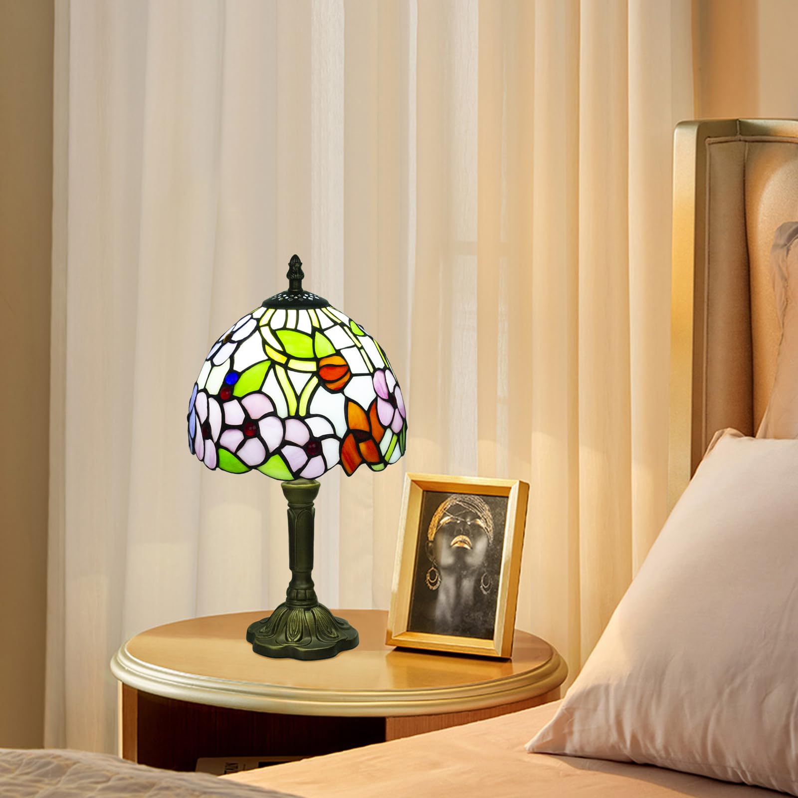Crefotu Tiffany Style Table Lamp, 8 Inch Stained Glass, 3 Color Temperatures, Four-Leaf Flower Pattern, Model CFLP-0001