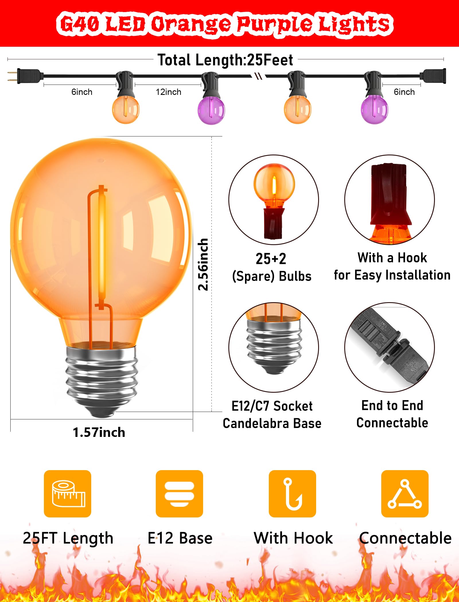 Abeja G40 LED String Lights, 25FT Orange Purple Outdoor Lights with 27 Shatterproof Bulbs, Perfect for Halloween Decor