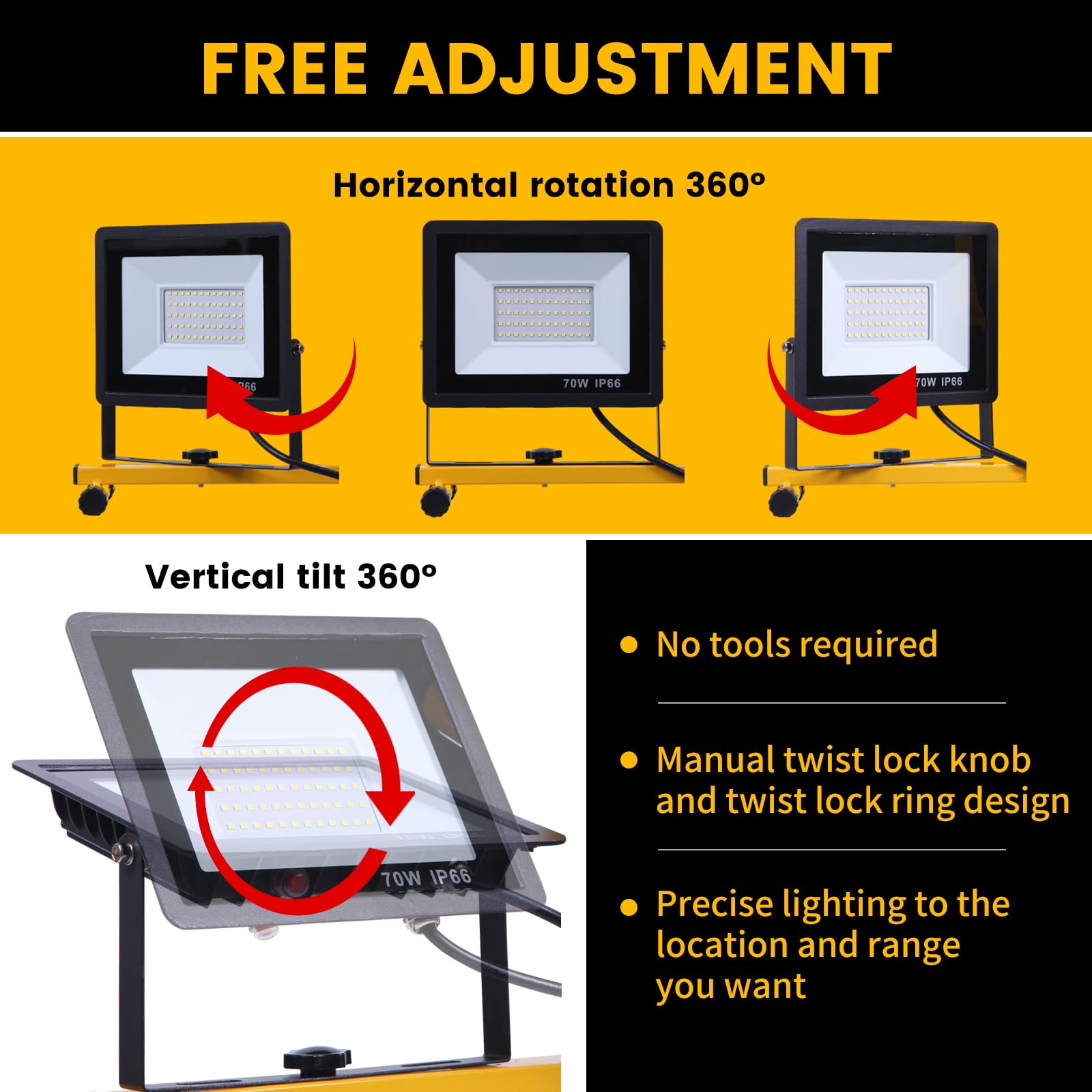 21000 Lumen Work Lights With Stand, 3 Adjustable Head Led Work Light, With Adjustable And Foldable Tripod Stand, Waterproof Lamp With Individual Switch With 6500 Kelvin Color Temperature