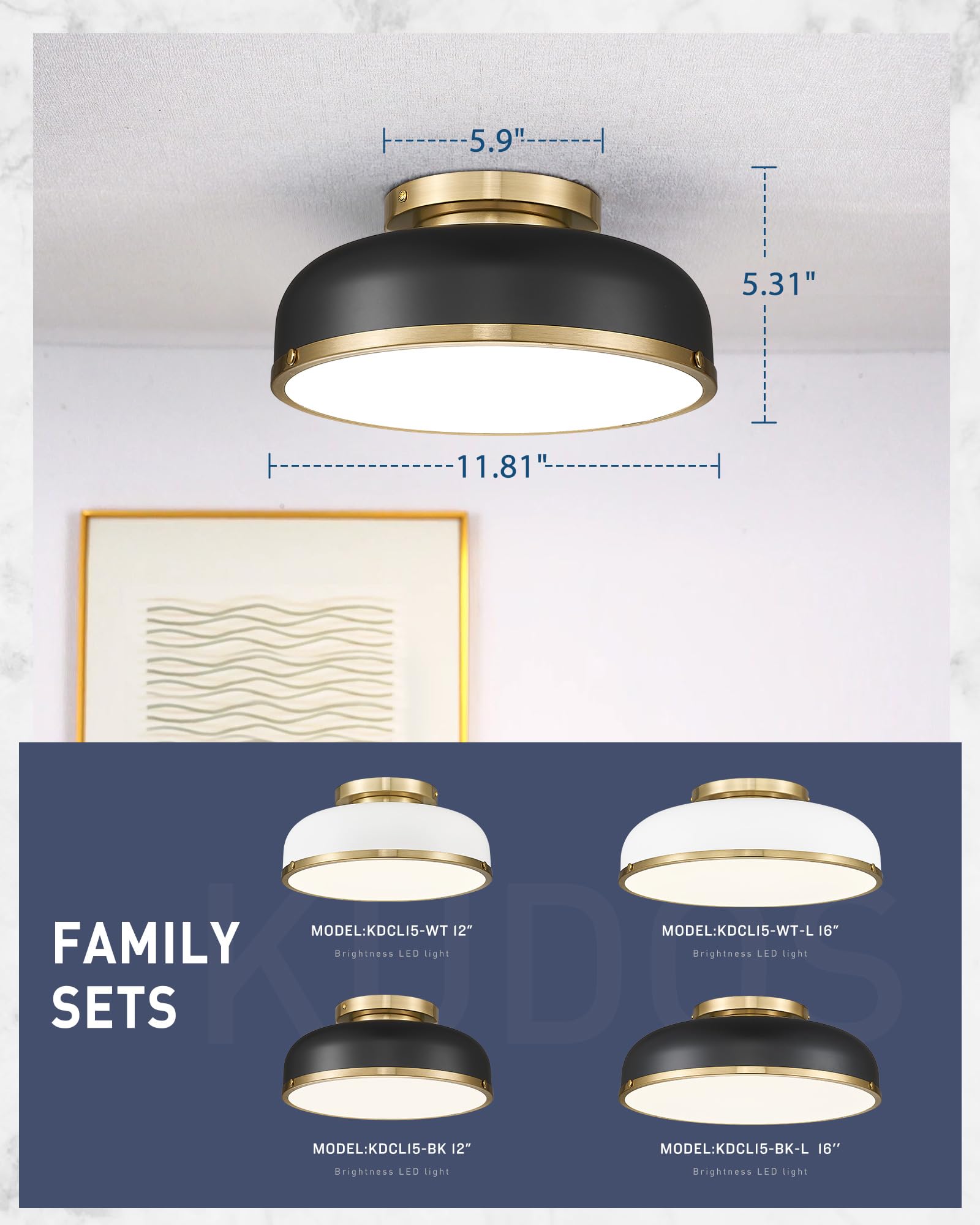 Kudos Ceiling Light, 12-Inch Led Flush Mount Ceiling Light, Black And Gold Finish, 24W/1100Lm Light Fixtures Ceiling Mount For Living Room, Bedroom, 3000K/3700K/4500K/5100K/6000K Adjustbale, Kdcl15-Bk