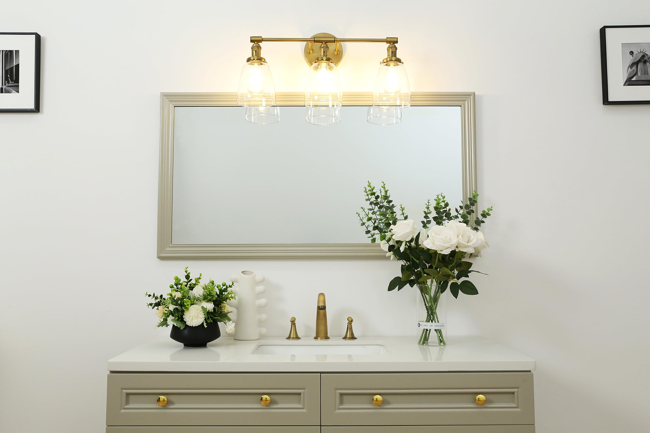 Phansthy Antique Brass 3-Light Wall Sconce with Clear Glass Shade, Model FTY451T, Bathroom Vanity Lighting