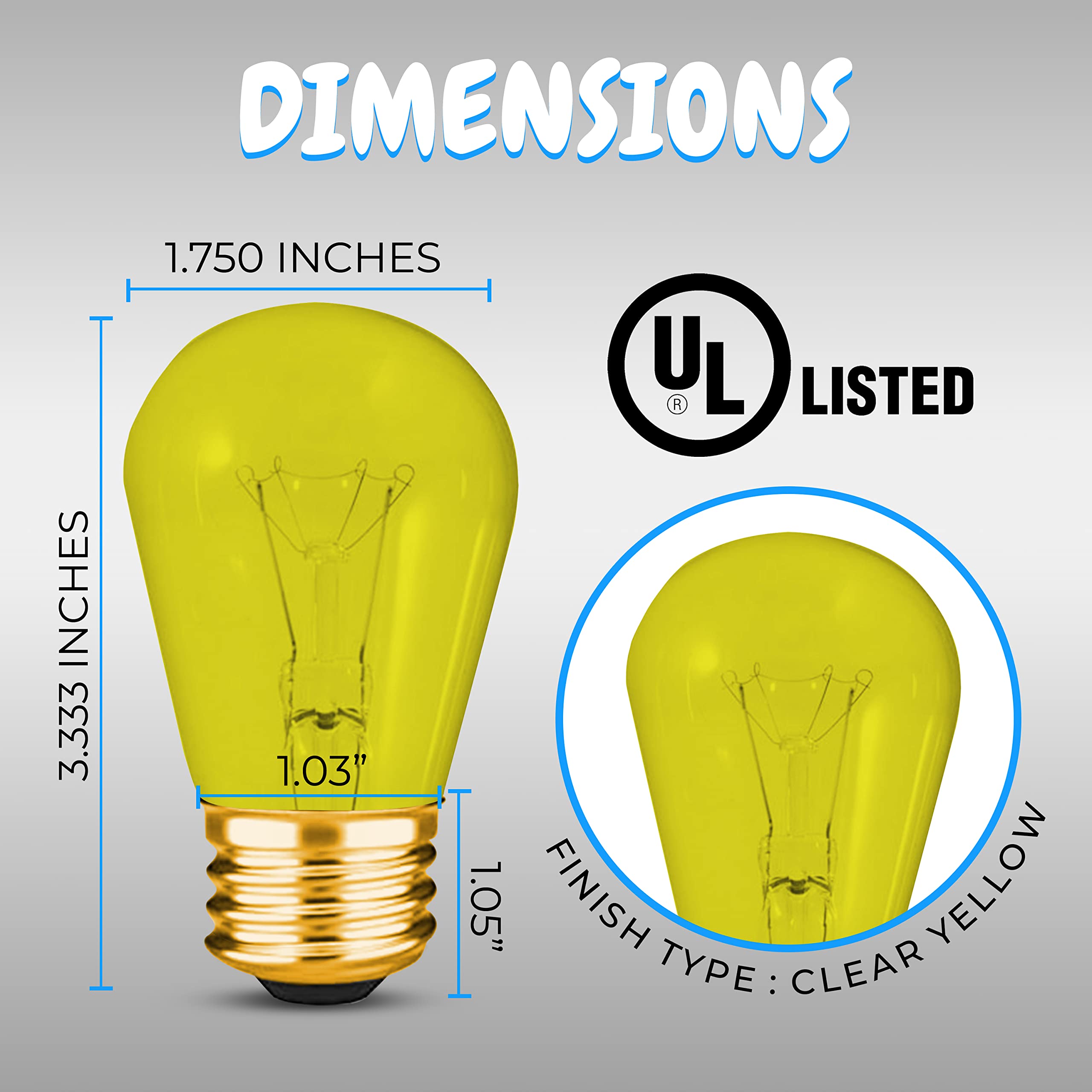 Ohlectric S14 Transparent Yellow String Light Bulbs | 11 Watts Dimmable Led Bulbs With E26 Base, 5000 Hours Of Light | Pack Of 10