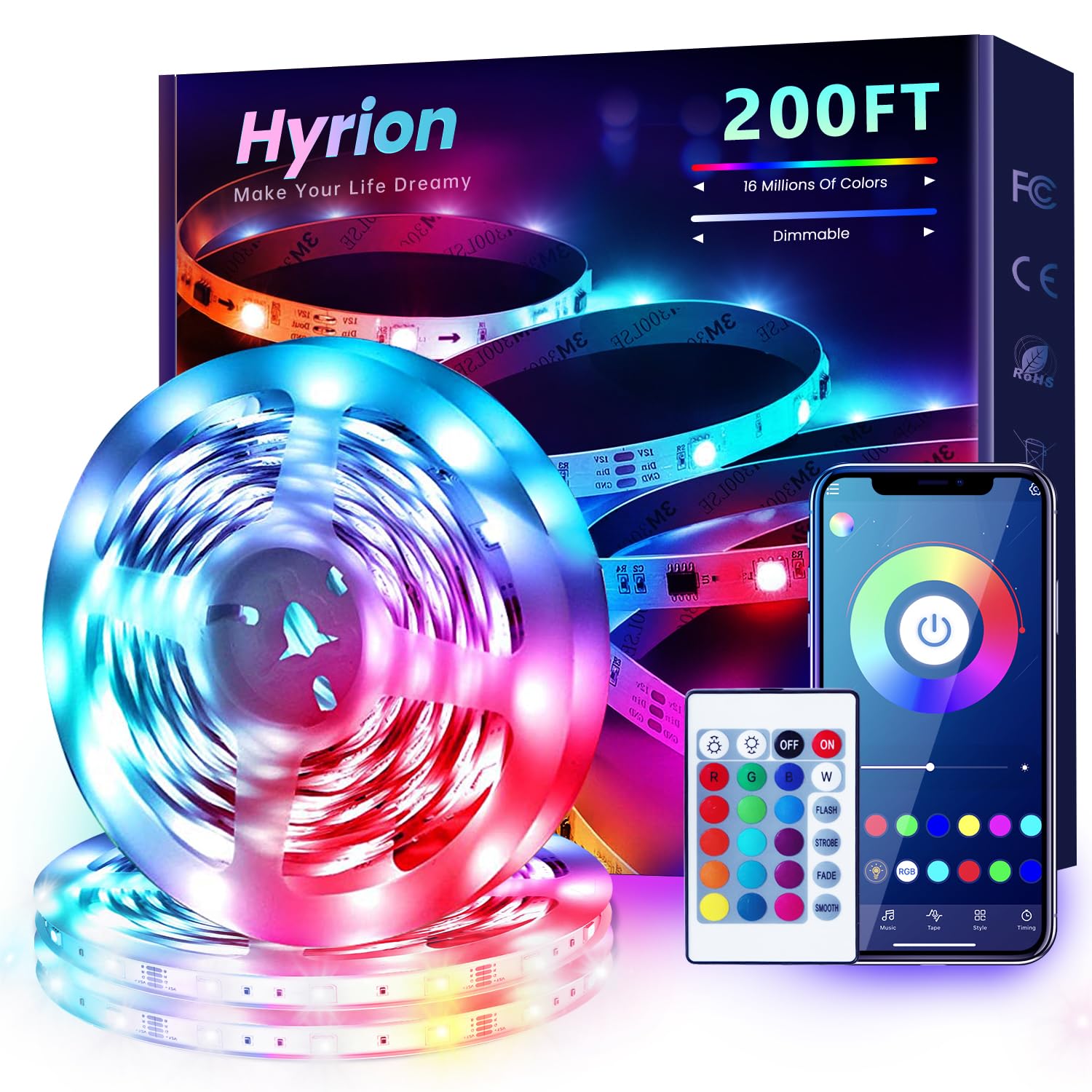 Hyrion 200Ft Led Strip Lights, Music Sync Rgb, Bluetooth Control, 3 Rolls Of 65.6Ft, Multicolor, Model 232024G