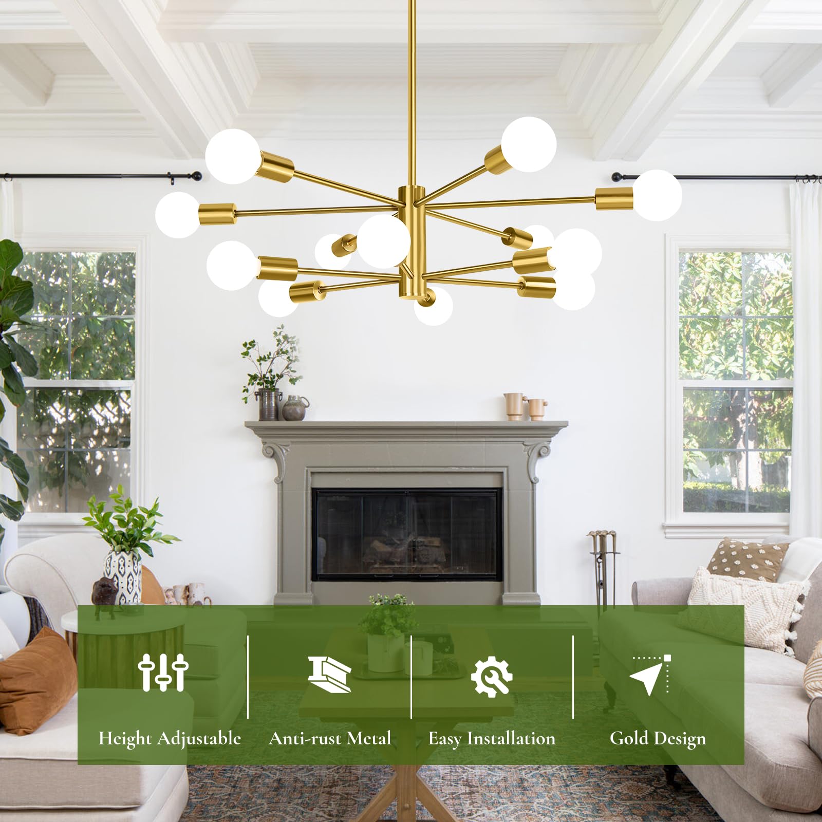 Beslowe 12-Light Modern Sputnik Chandelier, Mid Century Gold Chandeliers Lighting, Farmhouse Ceiling Hanging Light Fixture For D