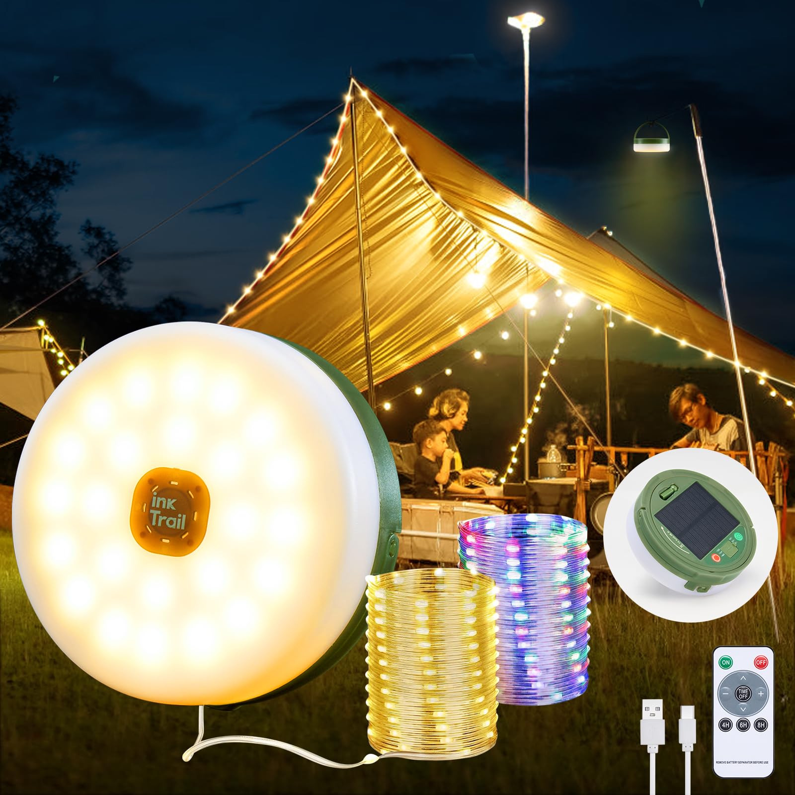 InkTrail Solar Camping String Lights 33FT, Waterproof, Green, 13 Lighting Modes, Rechargeable, Model CSL000