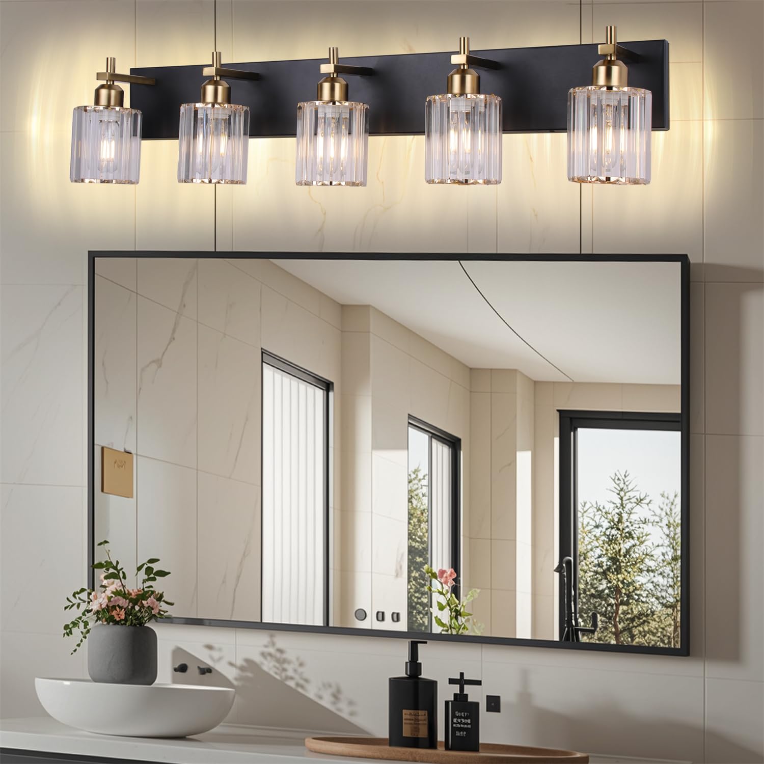 Shes home 5-Light Vanity Lights for Bathroom: Black Gold Vanity Lights with Crystal Glass Shade  Modern Crystal Bathroom Light Fixtures Over Mirror  34inch Black Gold Wall Sconce for Bath  E26 Base