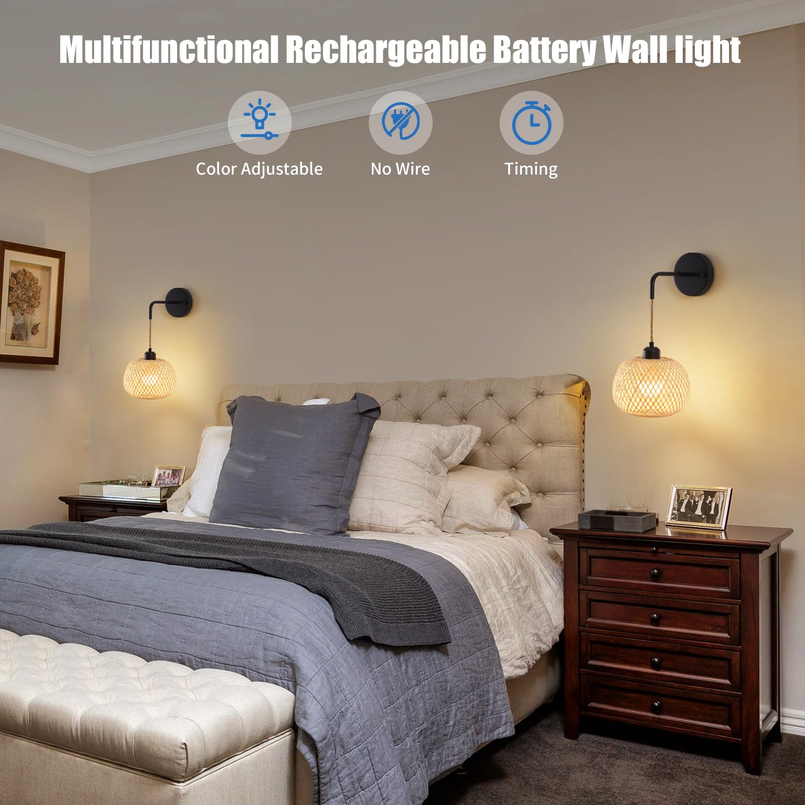 Vitnucrol Battery Operated Wall Sconce Set Of Two, Bamboo Rechargeable Wireless Sconces With Remote, Dimmable Non-Hardwired Farmhouse Boho Wall Lights For Bedroom Living Room (Black)