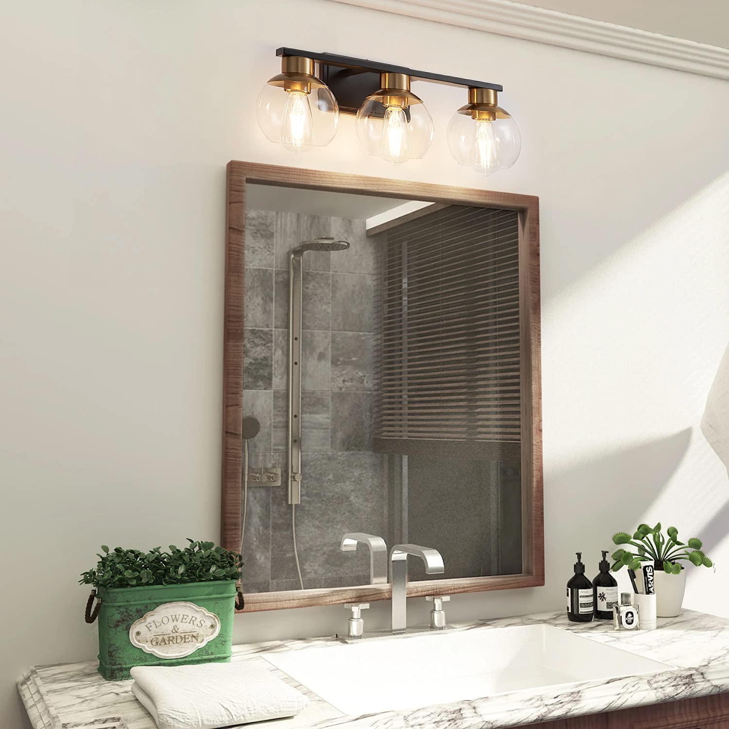 PAZALA 3-Light Bathroom Vanity Lights, Black Gold Metal, Globe Glass Shade, 22in Modern Wall Sconce, Model 1698-3-HJ
