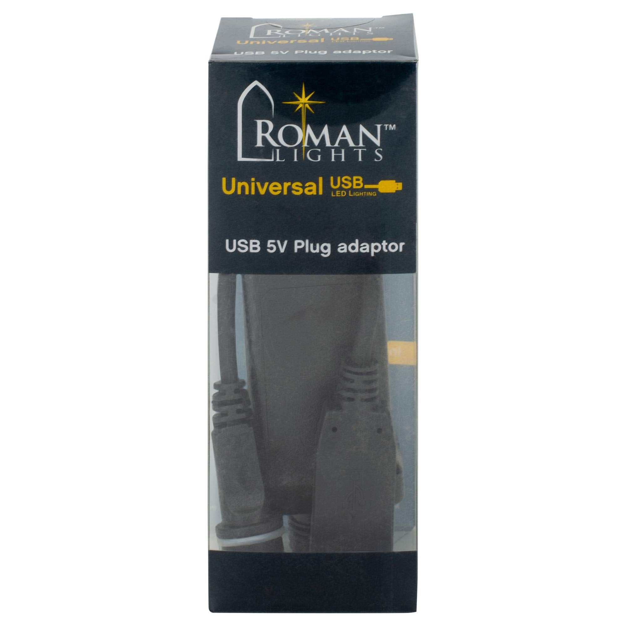 Roman USB UL Plug Adaptor - Indoor/Outdoor IP44, 5V, Black, Model 163507, Durable Plastic, Compact Size 4 X 2