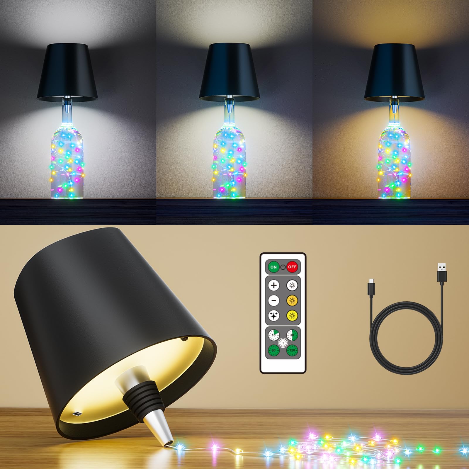 Wireless Bottle Lamp Shade,Wine Bottle Lights with Remote,2000mAh Liquor Bottle Lamp with RGB String Lights and Timer,5-Level Br