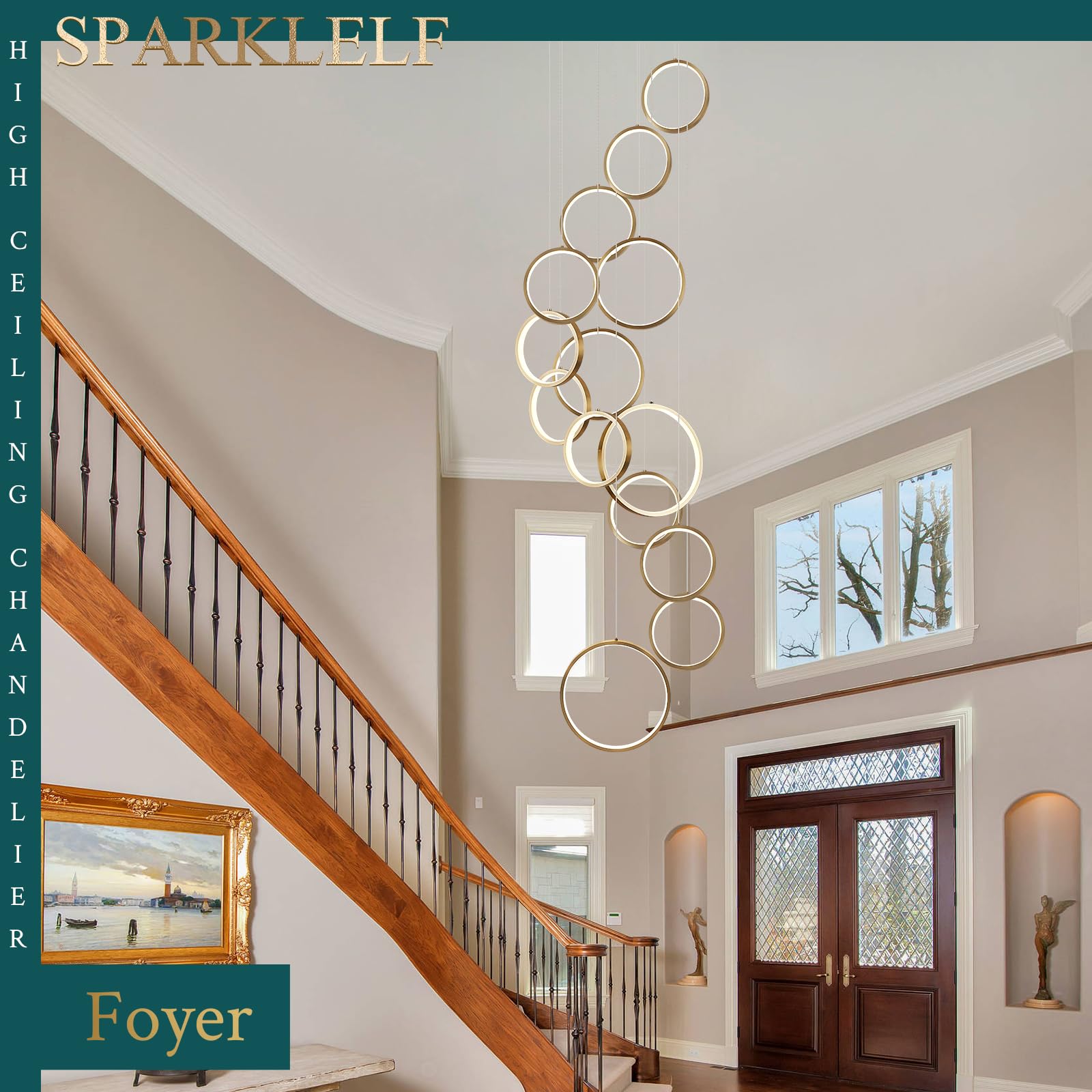 Sparklelf 14-Light LED Chandelier, Dimmable Gold Modern Pendant Light for High Ceilings, Entryway, Dining Room, Aluminum, 3000-6500K