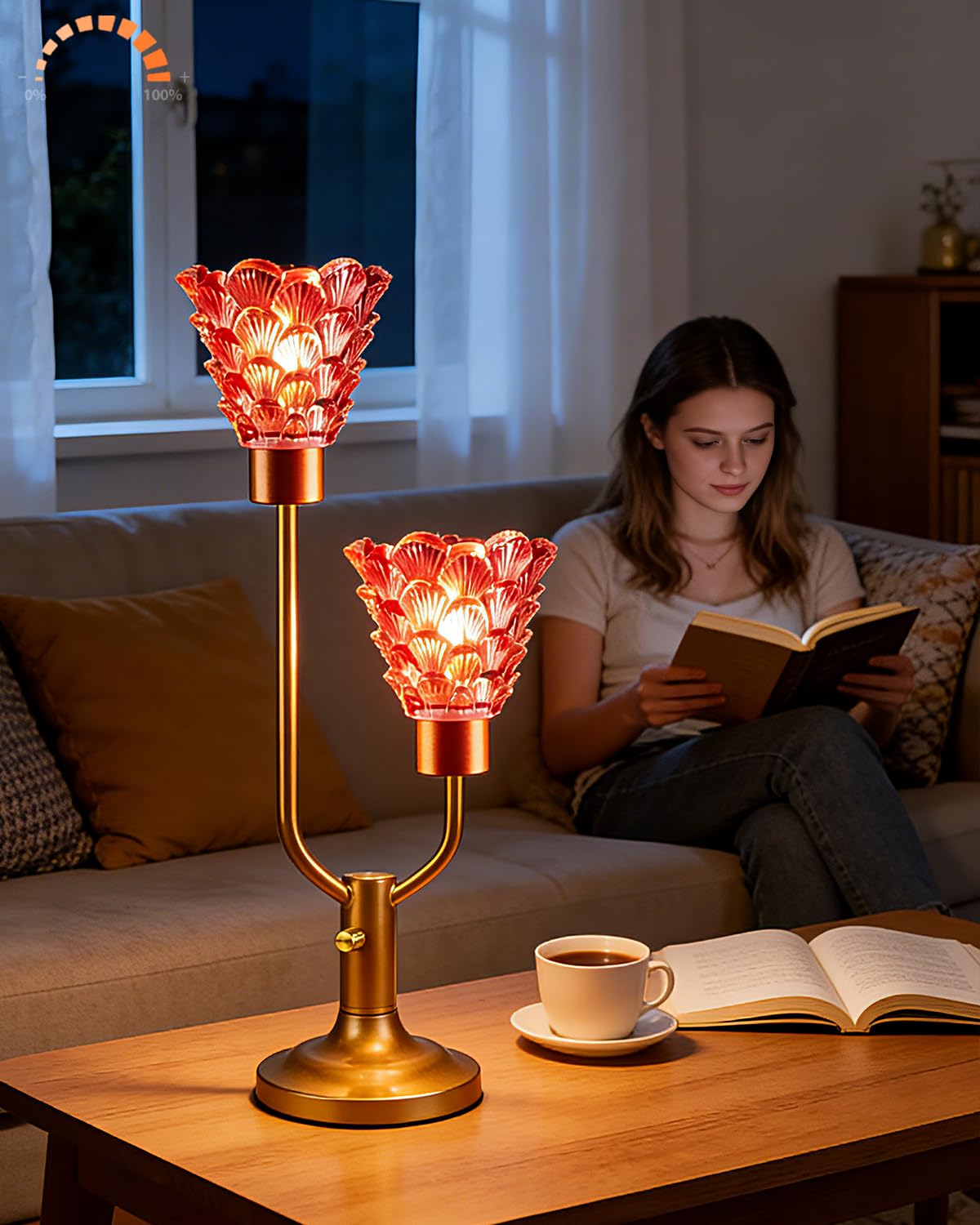 Lightdot Flower Glass Table Lamp Dimmable 2-Light Mid Century Modern Gold Desk Lamp with Deep Red Glass Shade& Bulb Included 3000K Warmwhite Nightstand Lamp for Bedroom Bedside Living Room