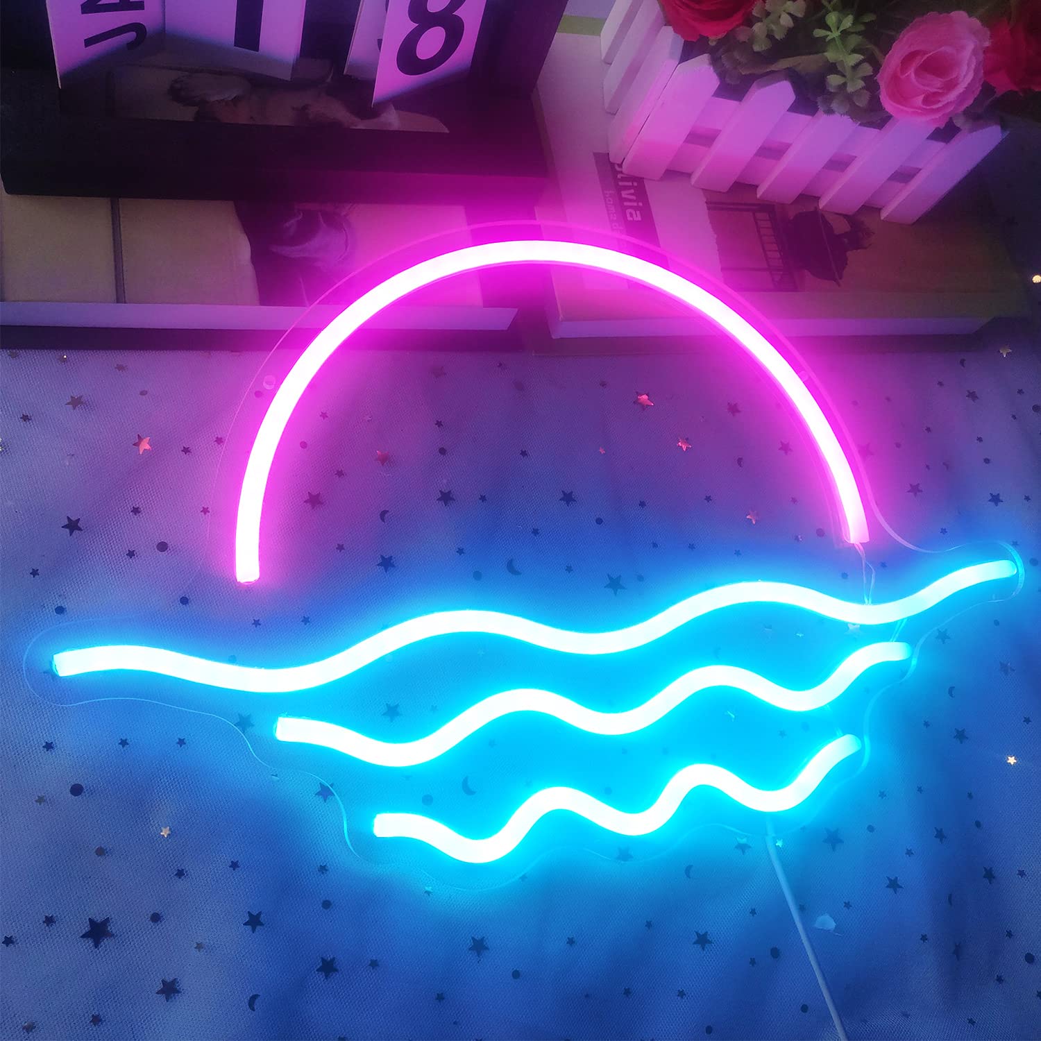GMMLLG Sunrise Sunset Neon Sign, Dimmable Wave Design, 15.6in, Ice Blue & Pink, Strong Transparent Acrylic, Tropical Bedroom Decor