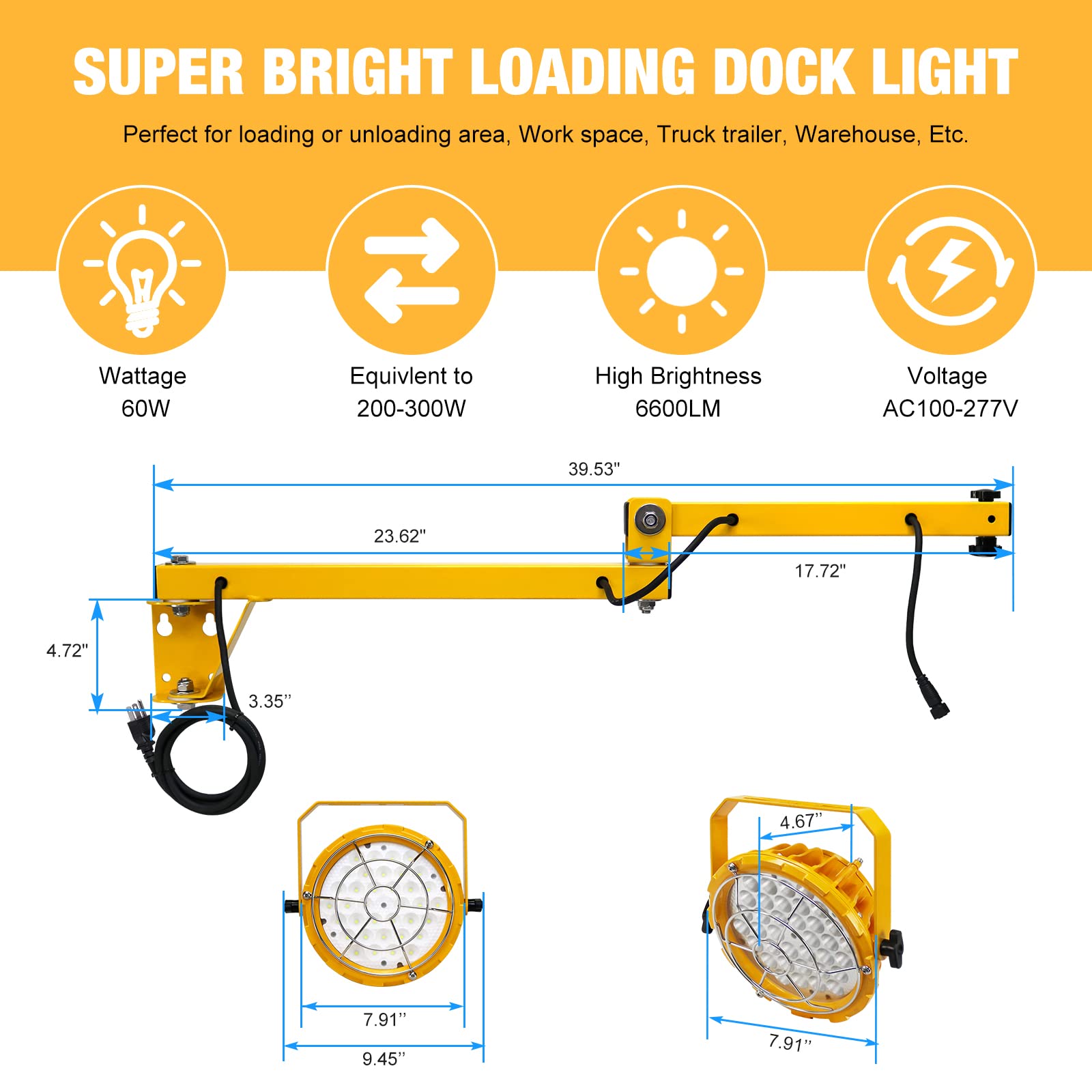 G Gjia 60W 6600Lm Led Loading Dock Lights With 40'' Swing Folding Single Arm, Ac100-277V, 360 Rotatable Led Lamp Head, Etl Liste