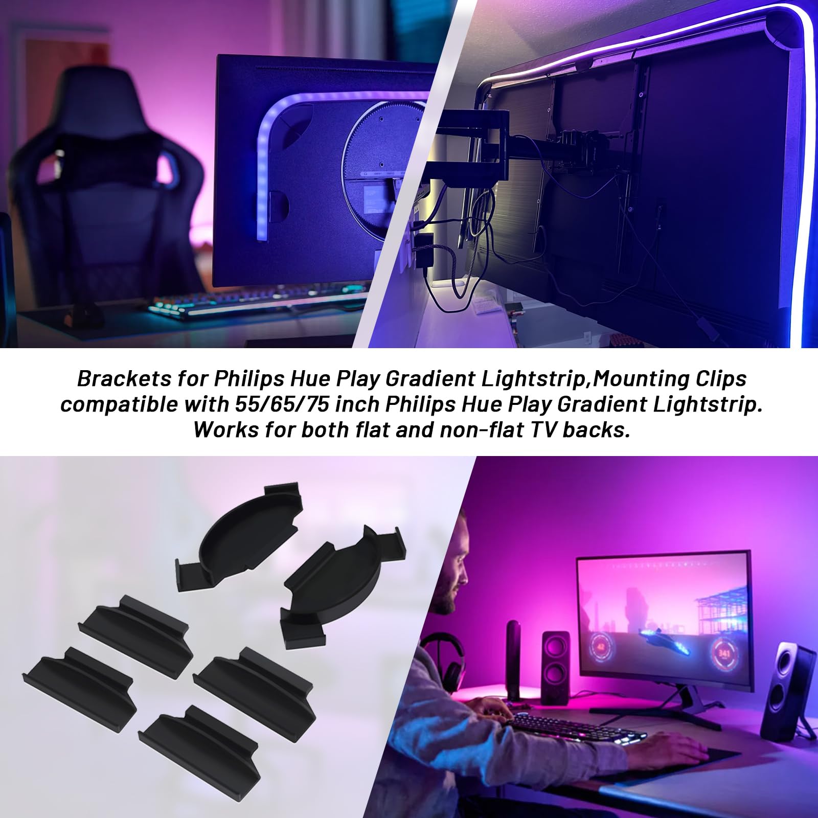 Hqparrts Brackets For Philips Hue Play Gradient Lightstrip, Mounting Clips Compatible With Philips Hue Play Gradient Lightstrip 55/65/75 Inch, Black