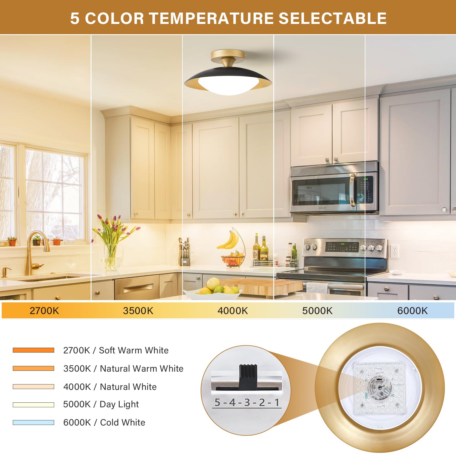 Dimmable Modern Mid-Century Ceiling Light, Black And Gold Led Semi Flush Mount Ceiling Light, 5Cct 2700K-6000K Lighting Fixture Ceiling Lamp With Acrylic Shade For Bedroom Hallway Kitchen, 11.8In