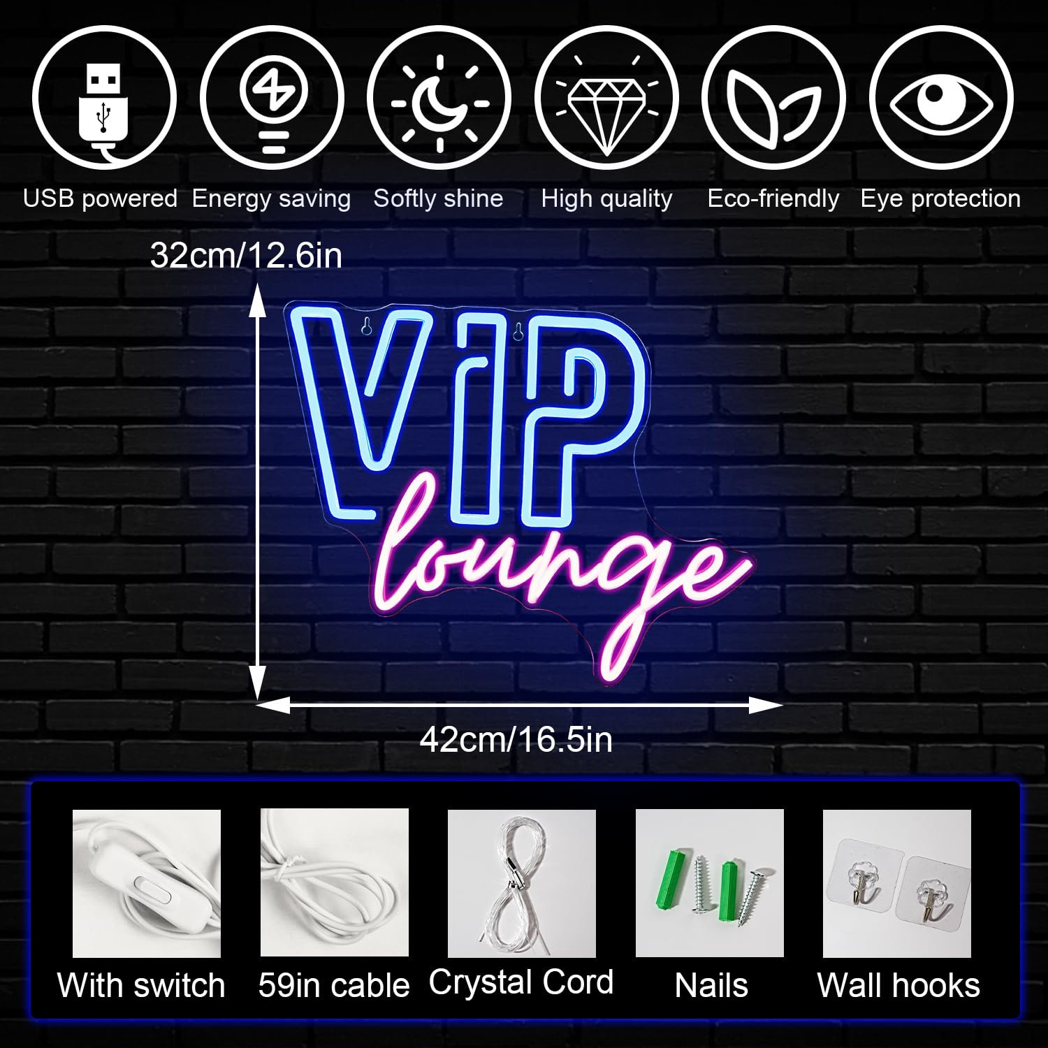 Horseneon VIP Lounge Neon Sign - USB Powered LED Wall Decor, Acrylic, Blue & Pink