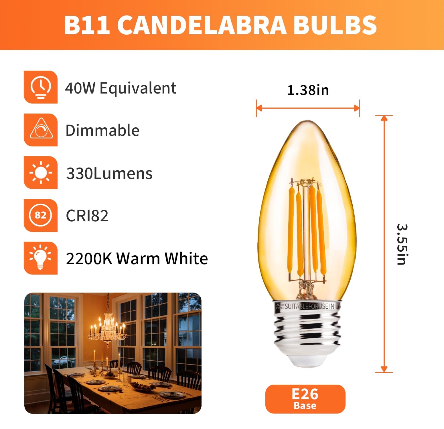 Alampever Led Chandelier Light Bulbs 40 Watt, B11 Candelabra Led Light Bulb, Dimmable E26 Led Bulbs 2200K Warm White, Amber Glas