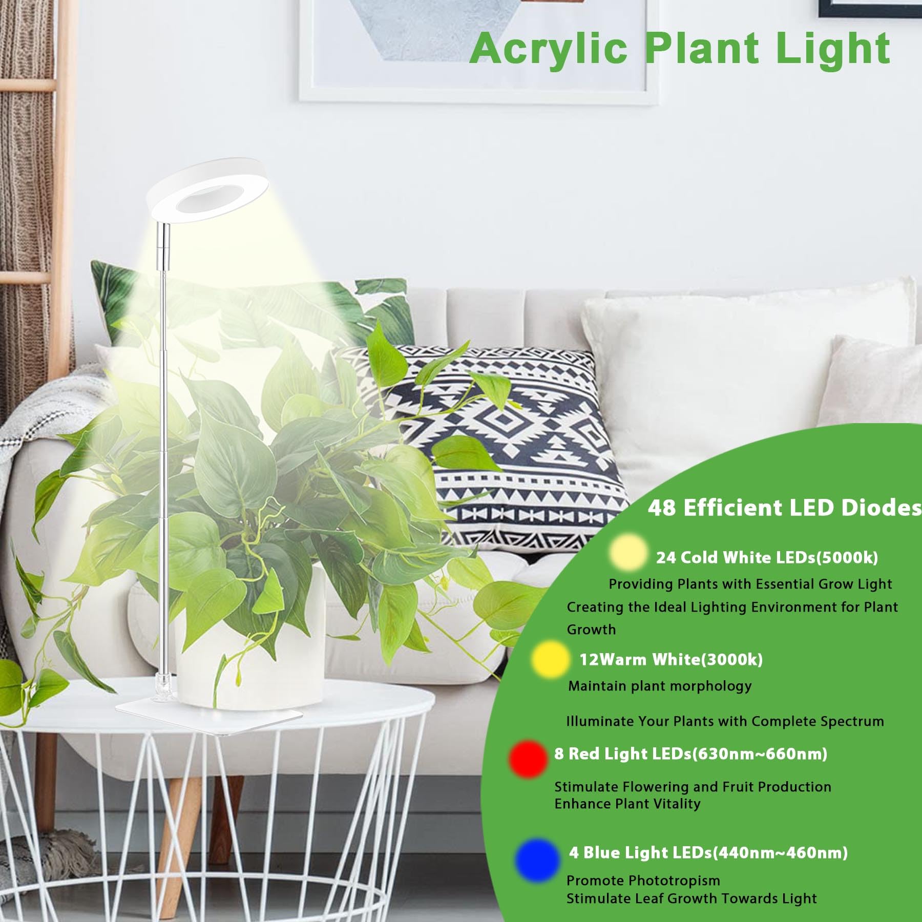 yadoker LED Grow Light - Full Spectrum, Height Adjustable, 5V Safe Voltage, for Indoor Plants, White, 1 Pack, Model 9-BASE-WT-1PACK