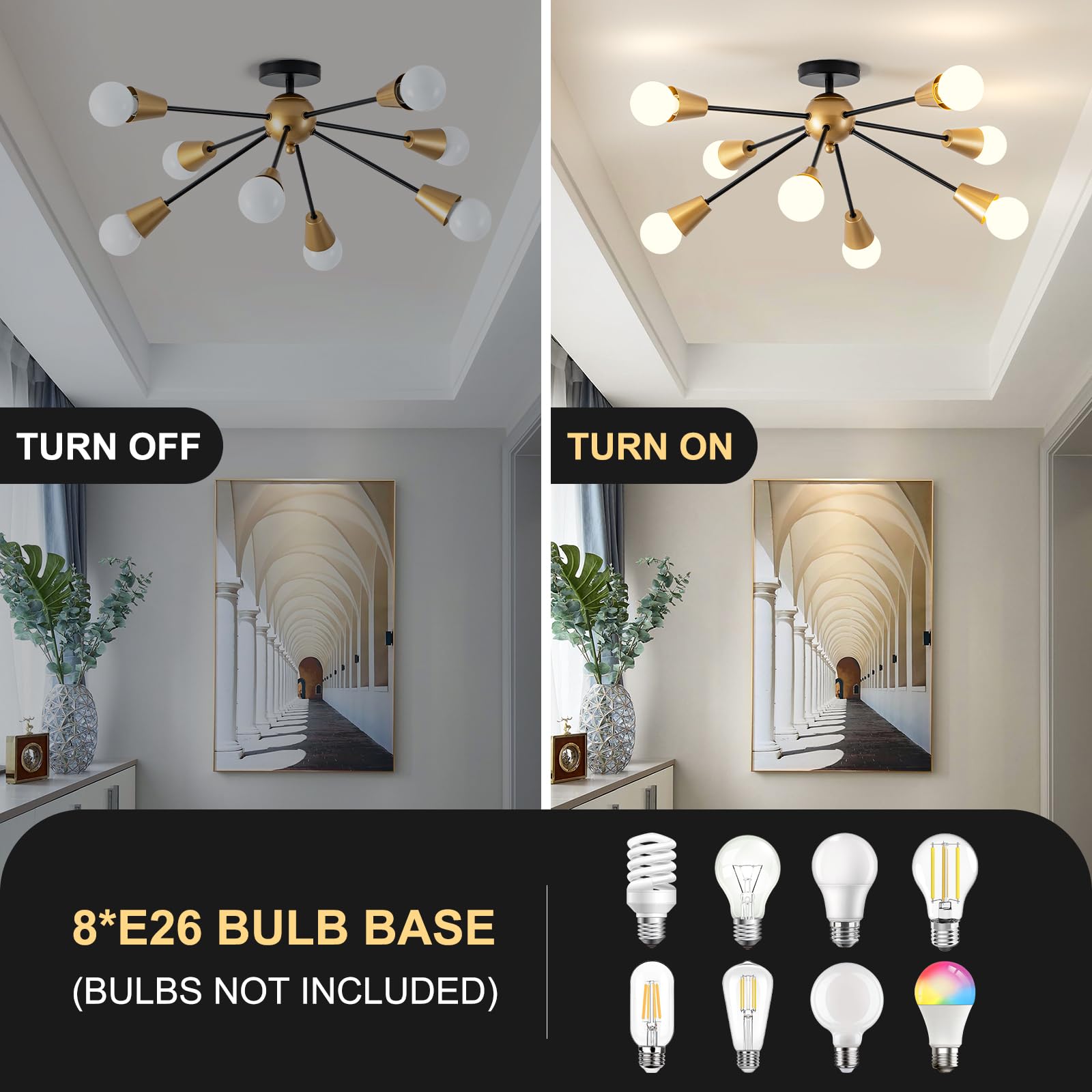 Ymlii Modern Sputnik Ceiling Light Fixture,8-Lights Black And Gold Sputnik Chandeliers, Industrial Metal Semi Flush Mount Ceilin