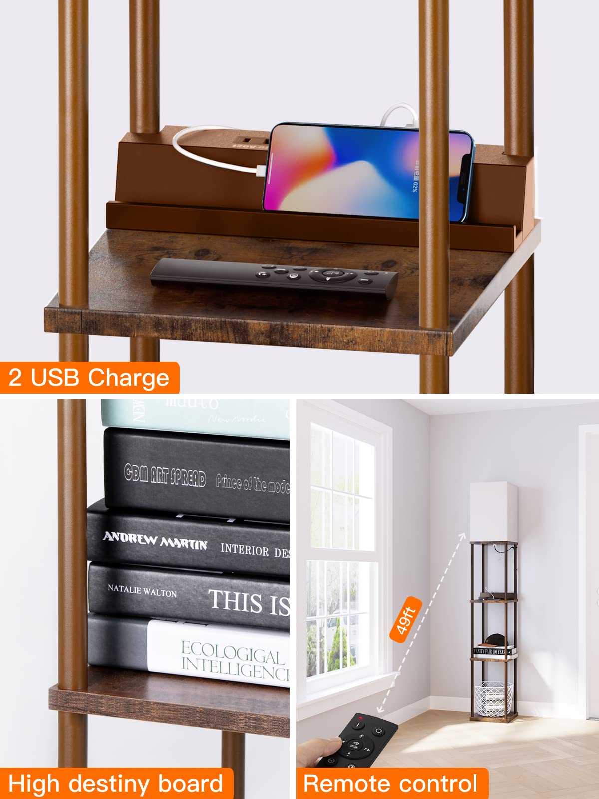 Addlon Modern Floor Lamp With Shelves, Remote Control, 2 Usb Charging Ports And 1 Power Outlet, Display Floor Lamp With Shelves