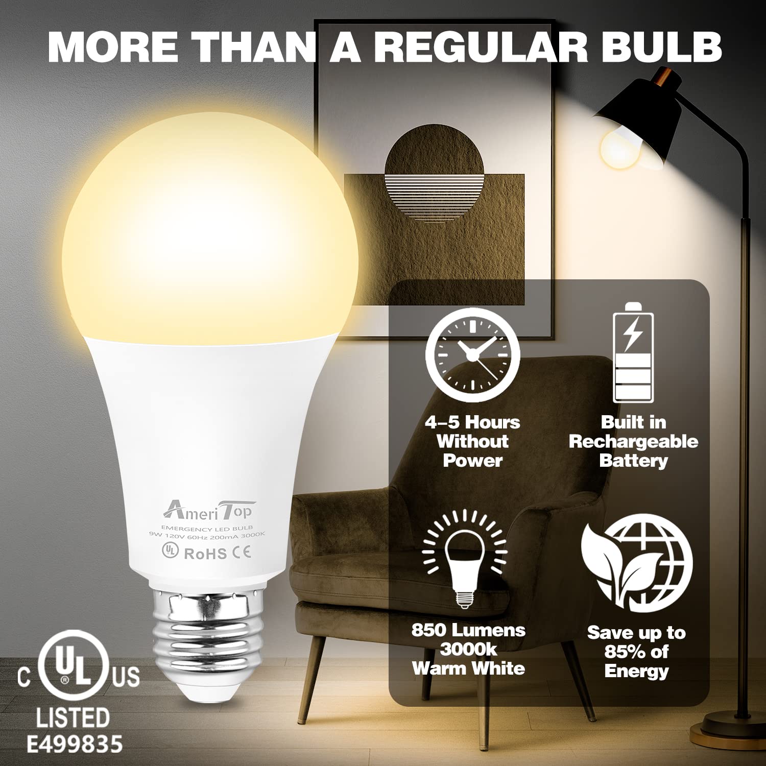 AmeriTop 4 Pack Rechargeable LED Light Bulbs, 9W (60W Equivalent), 850 Lm, 3000K Warm White, E26 Base for Emergency, Camping,