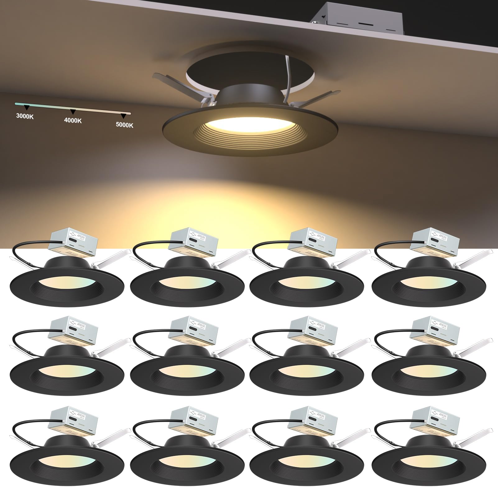 Lightdot 12W Dimmable LED Downlight 3CCT Selectable, Black, 12 Pack, Slim Canless Ceiling Light, Model LRC-07