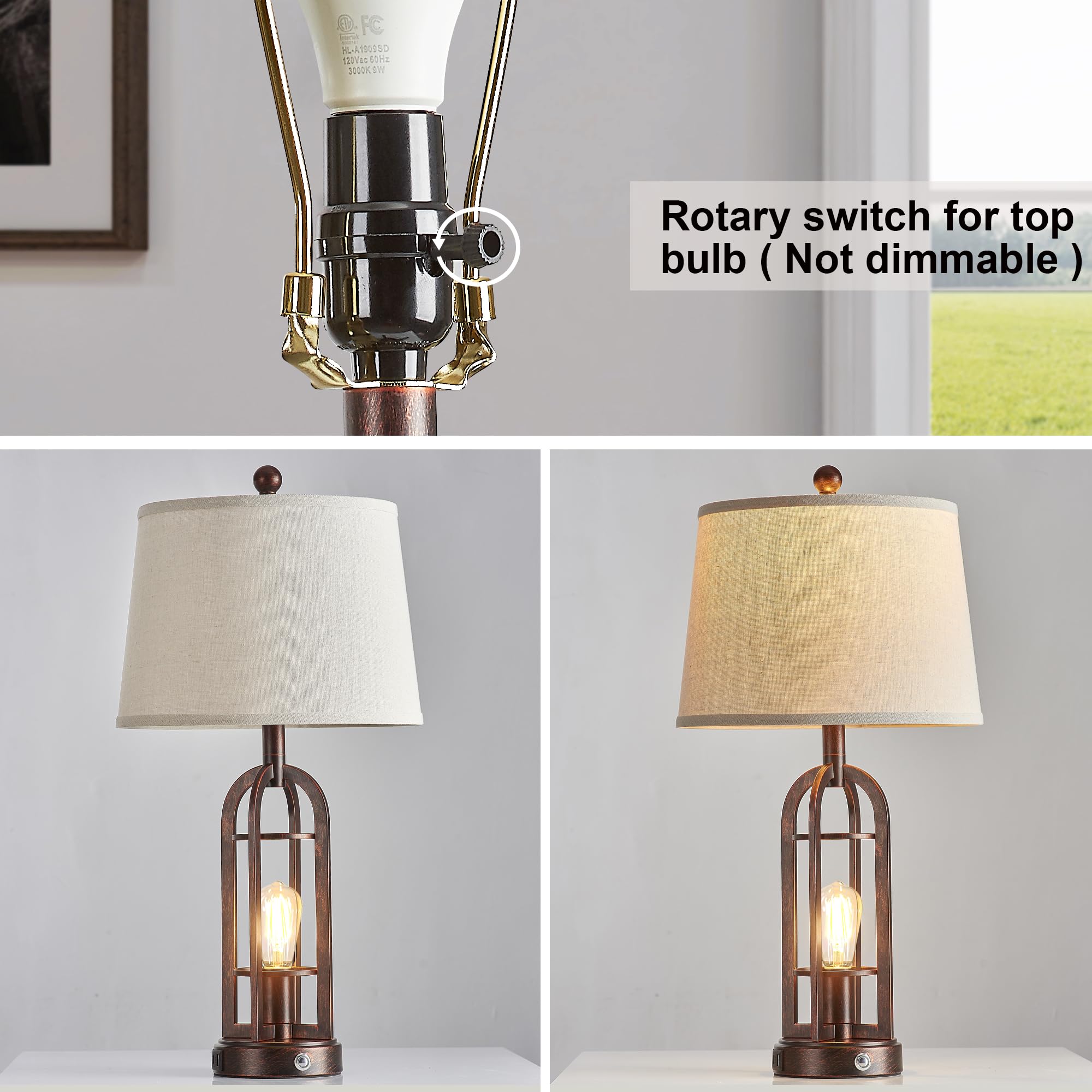 Srjja Farmhouse Table Lamps For Living Room Set Of 2, Industrial 3-Way Dimmable Touch Bedside Lamps With Usb A+C For Nightstand