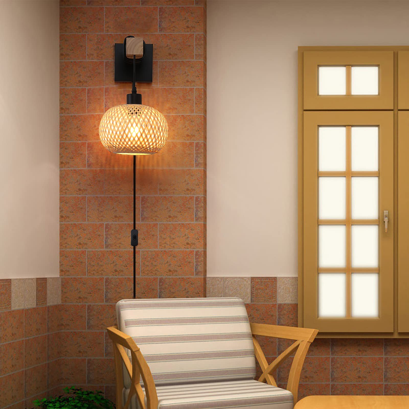Farmhouse Rattan Plug In Wall Sconces, Rustic Hand-Woven Bamboo Shade & Wood Beam Wall Light Fixtures, Rattan Bamboo Wall Lamp F