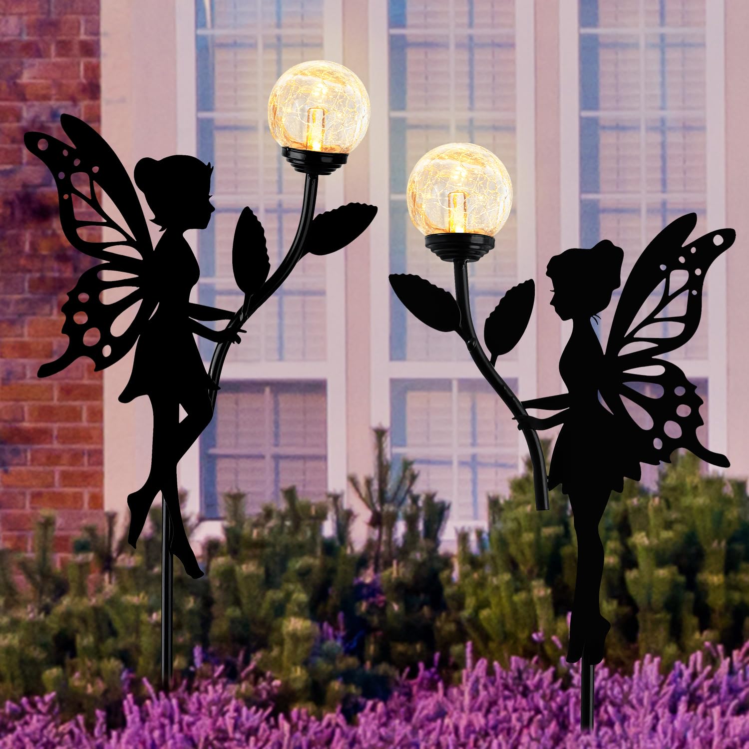 Ouddy Decor 2 Pack Solar Fairy Garden Decor, Metal Statues With Crackle Glass Globe Lights Silhouette Waterproof For Outdoor Lawn Patio Yard Pathway Home Decorations Valentine'S Day Gardening Gifts